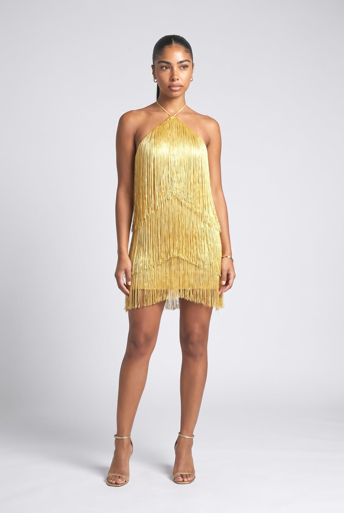 Gold Halter Neck Fringe Mini Dress, Gold