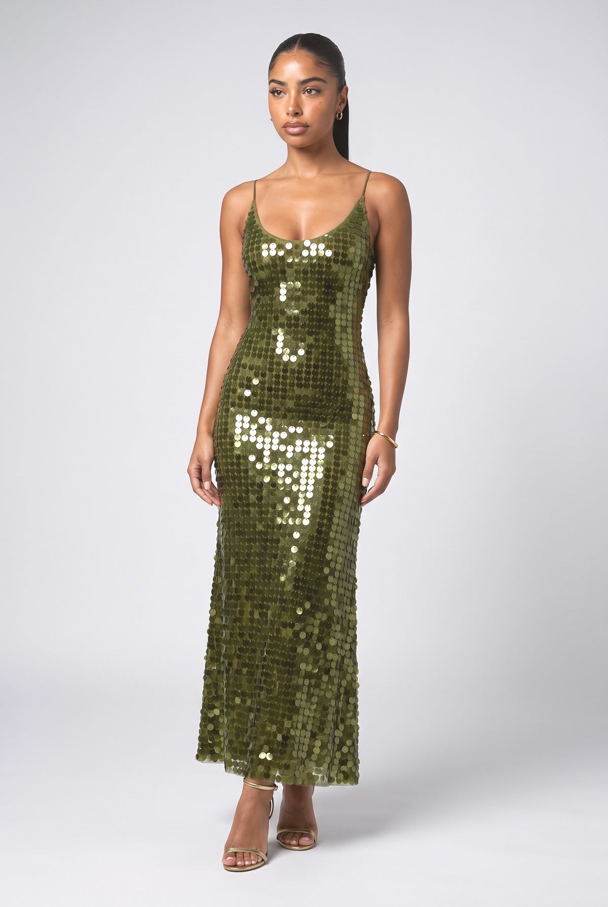 Green Sequin Sleeveless Maxi Dress, Dark Green