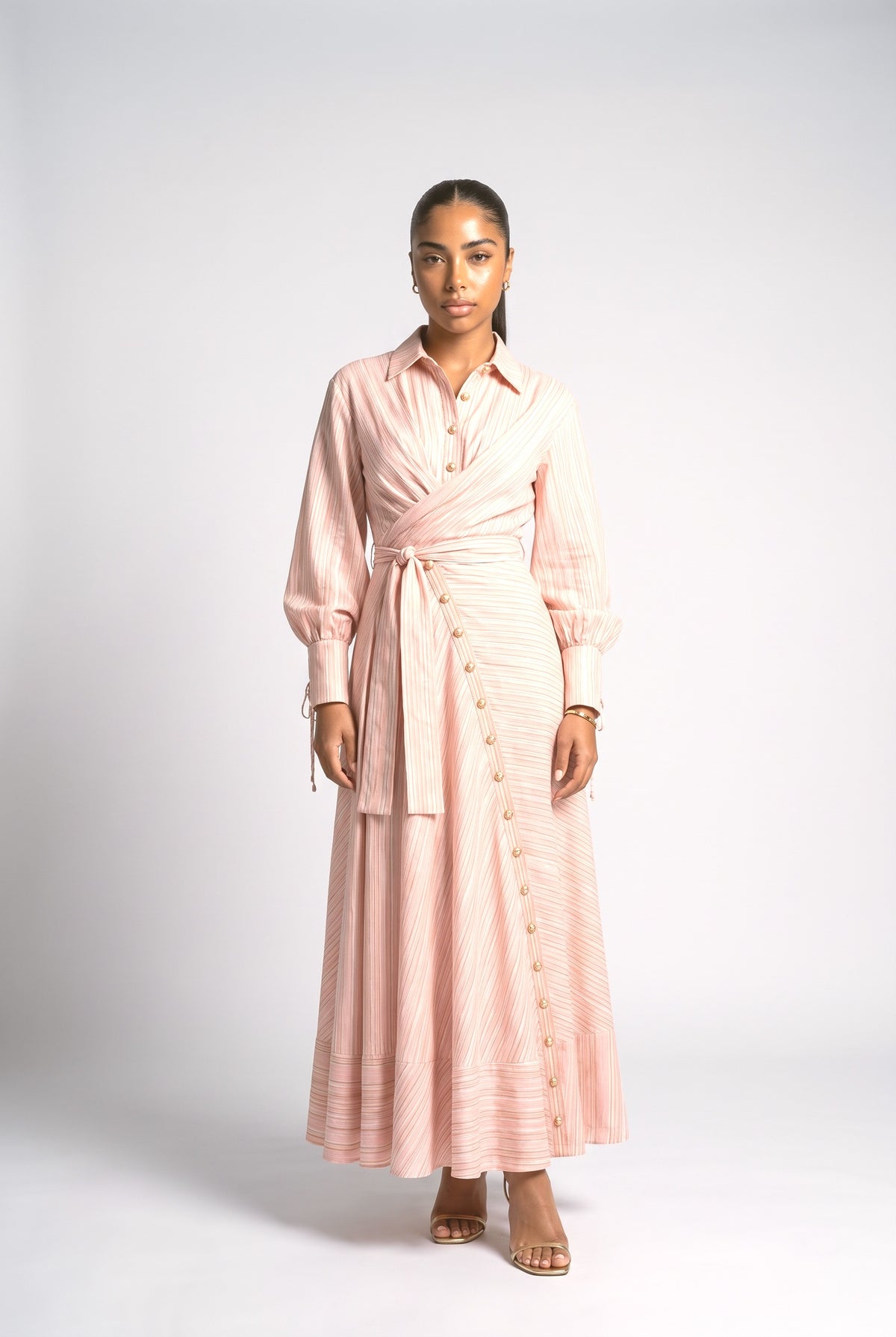 Pink Stripe Print Long Sleeve Waist Tie Maxi Shirt Dress