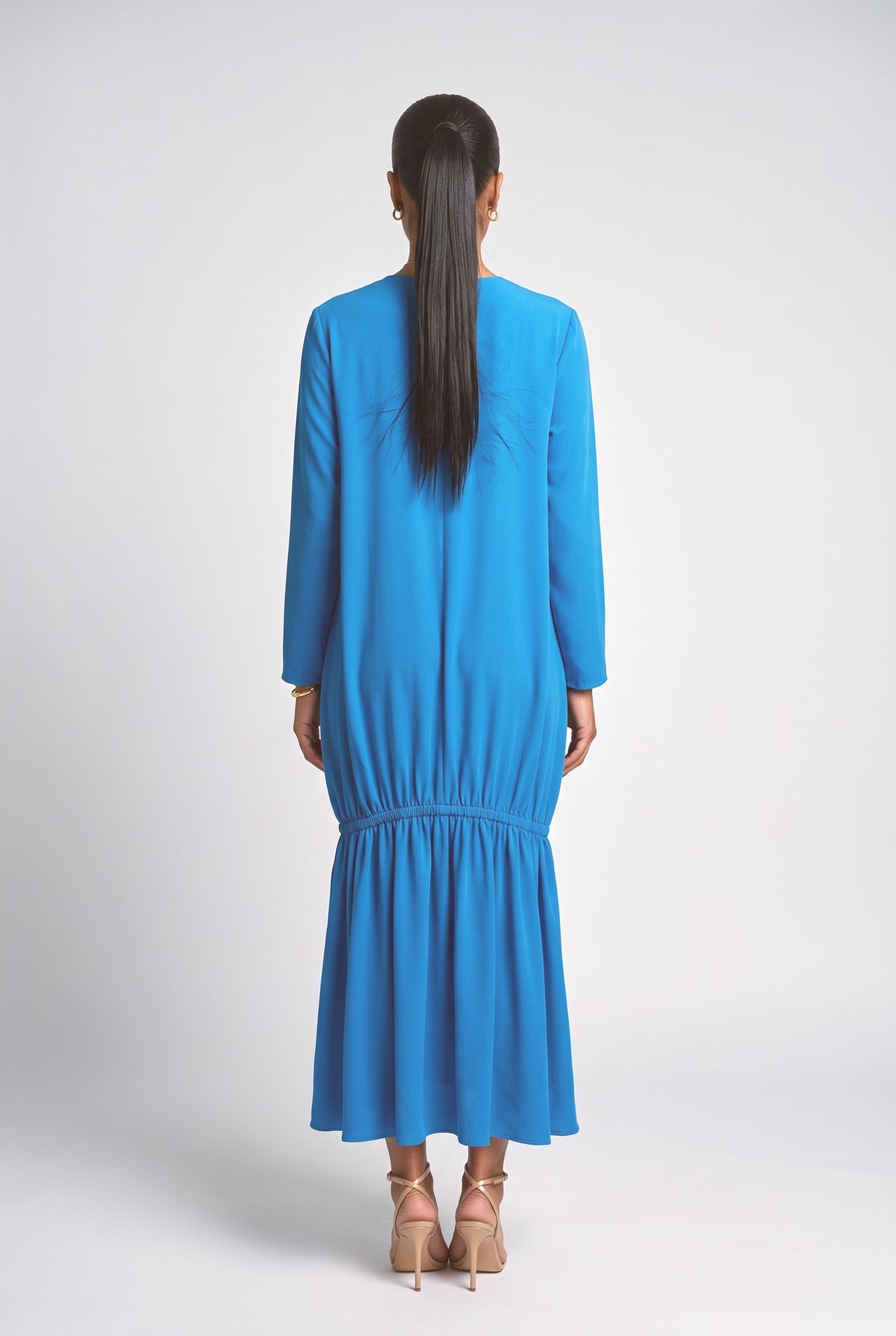 Blue Long Sleeve Ruched Maxi Dress, Blue