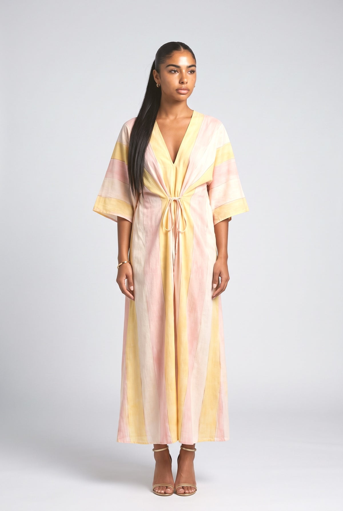 Stripe Print Tie-Waist Kaftan Maxi Dress