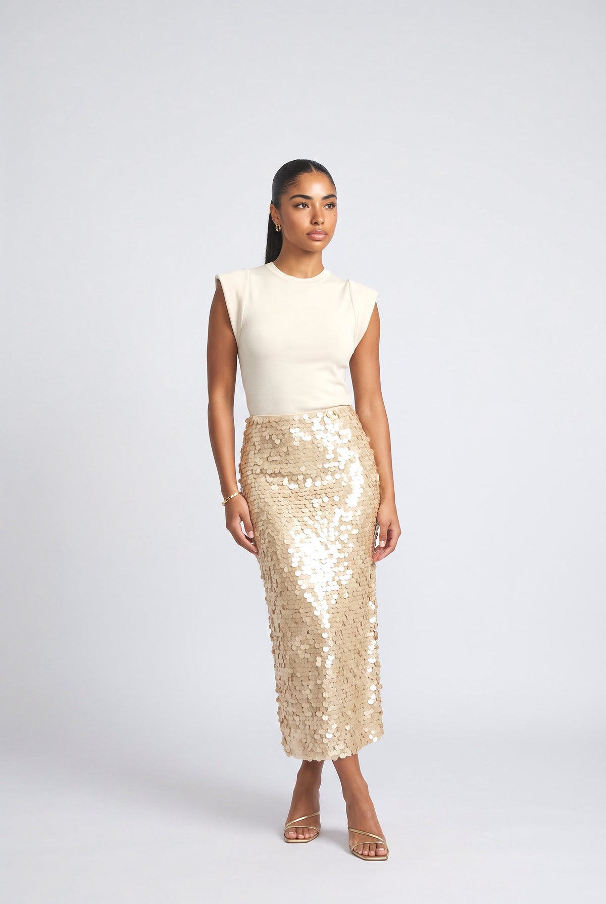 Sequin Midi Skirt, apricot set