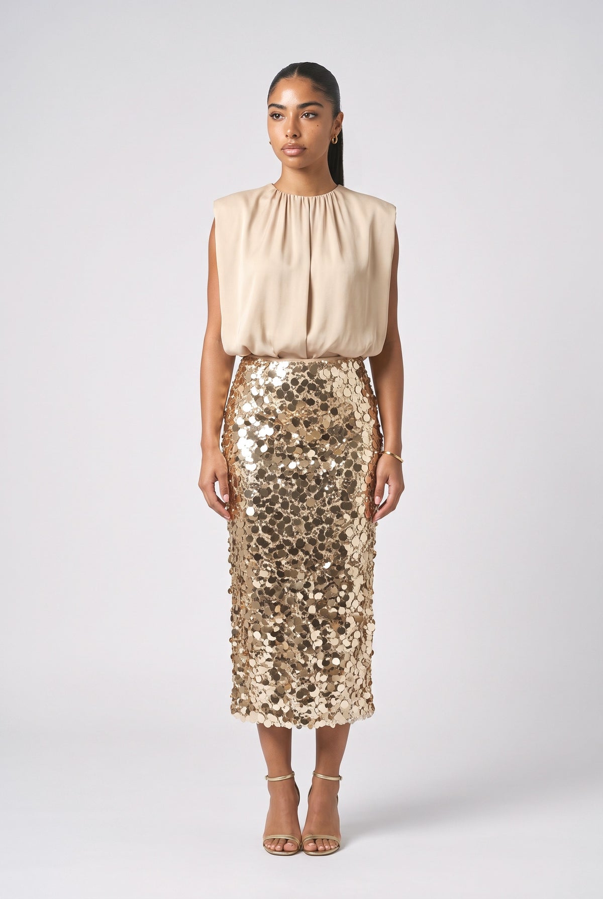 Sequin Midi Skirt, apricot top