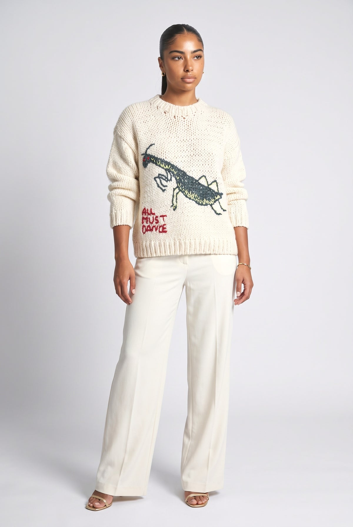 Funny Mantis Cartoon Pattern Sweater, apricot white