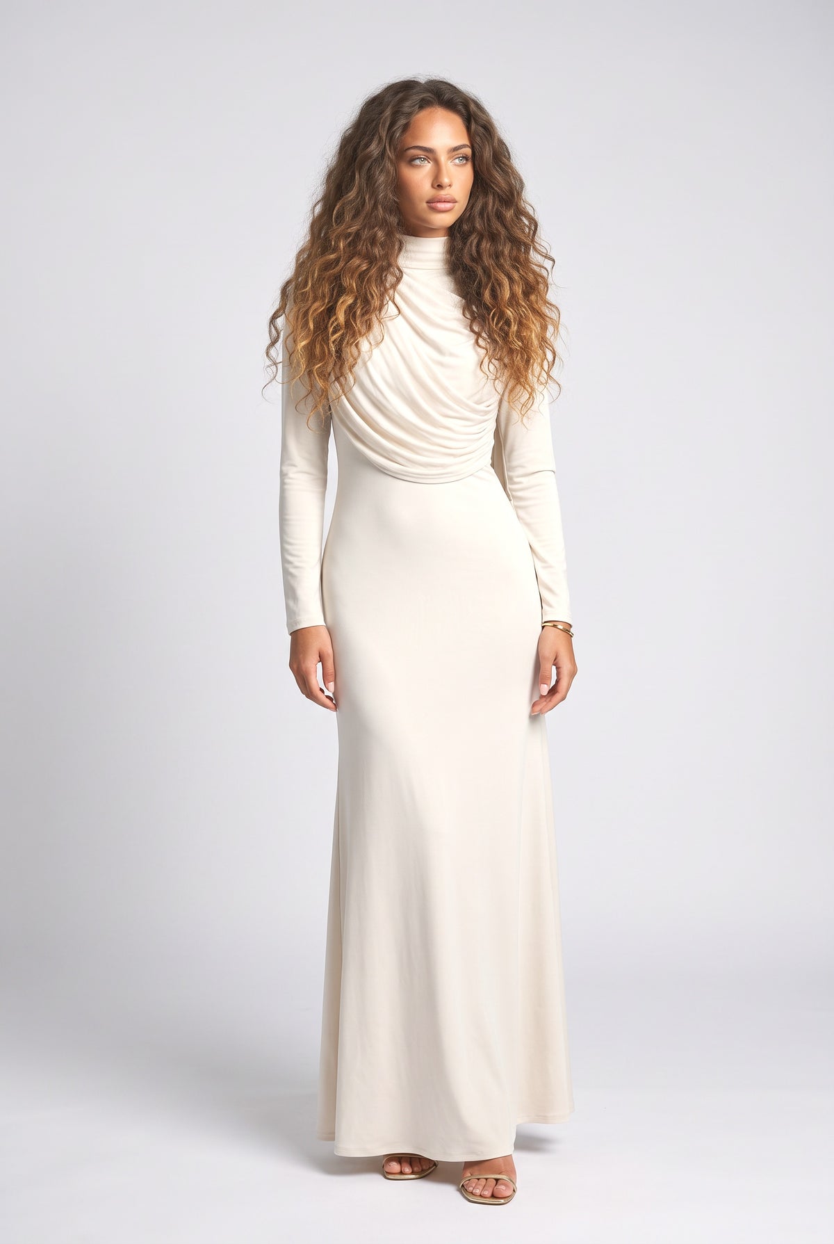 Pleated Design Ribbon Maxi Dress, apricot