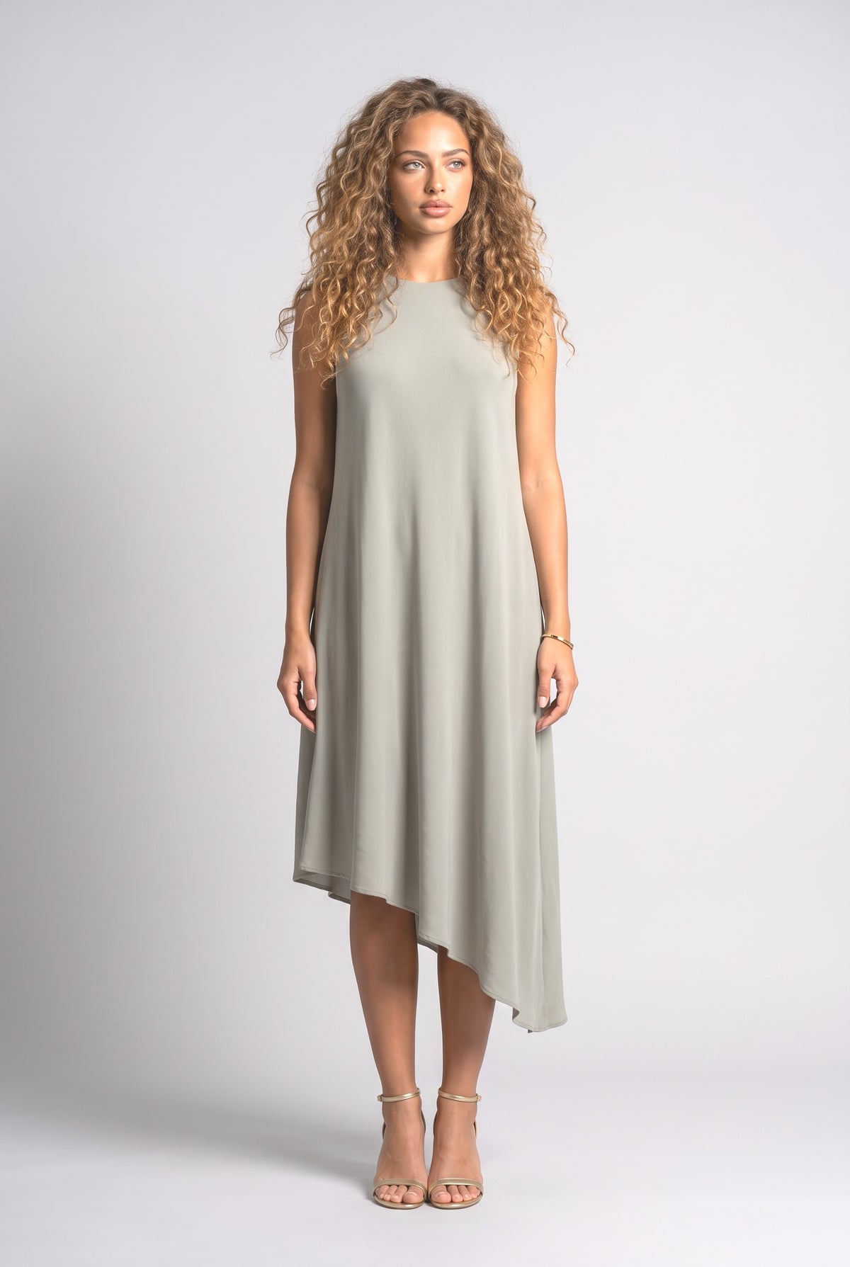 Orange Chiffon Sleeveless Asymmetric Midi Dress, apricot