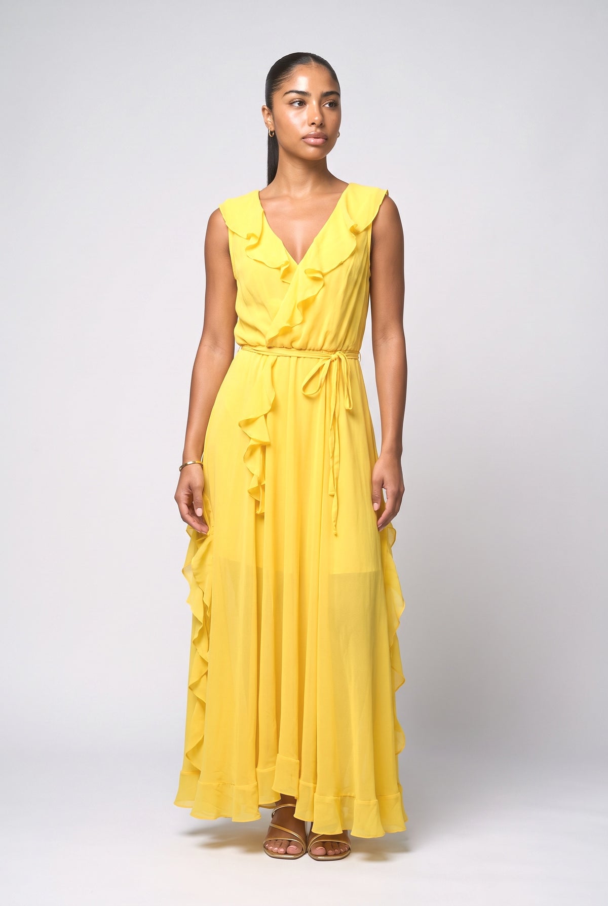 V-Neck Ruffle Maxi Dress, apricot