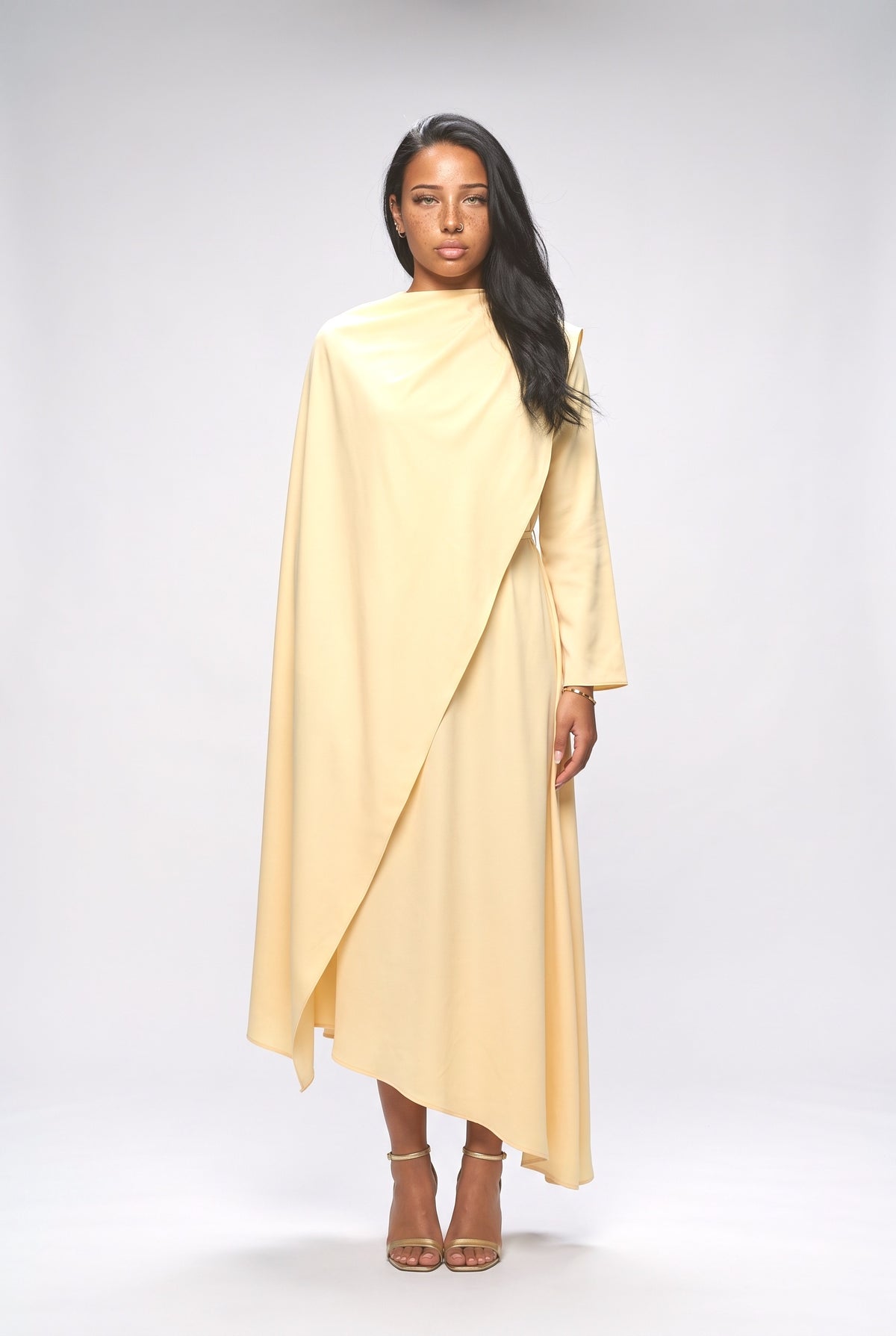 Slanted Hem Scraf Design Maxi Dress, apricot