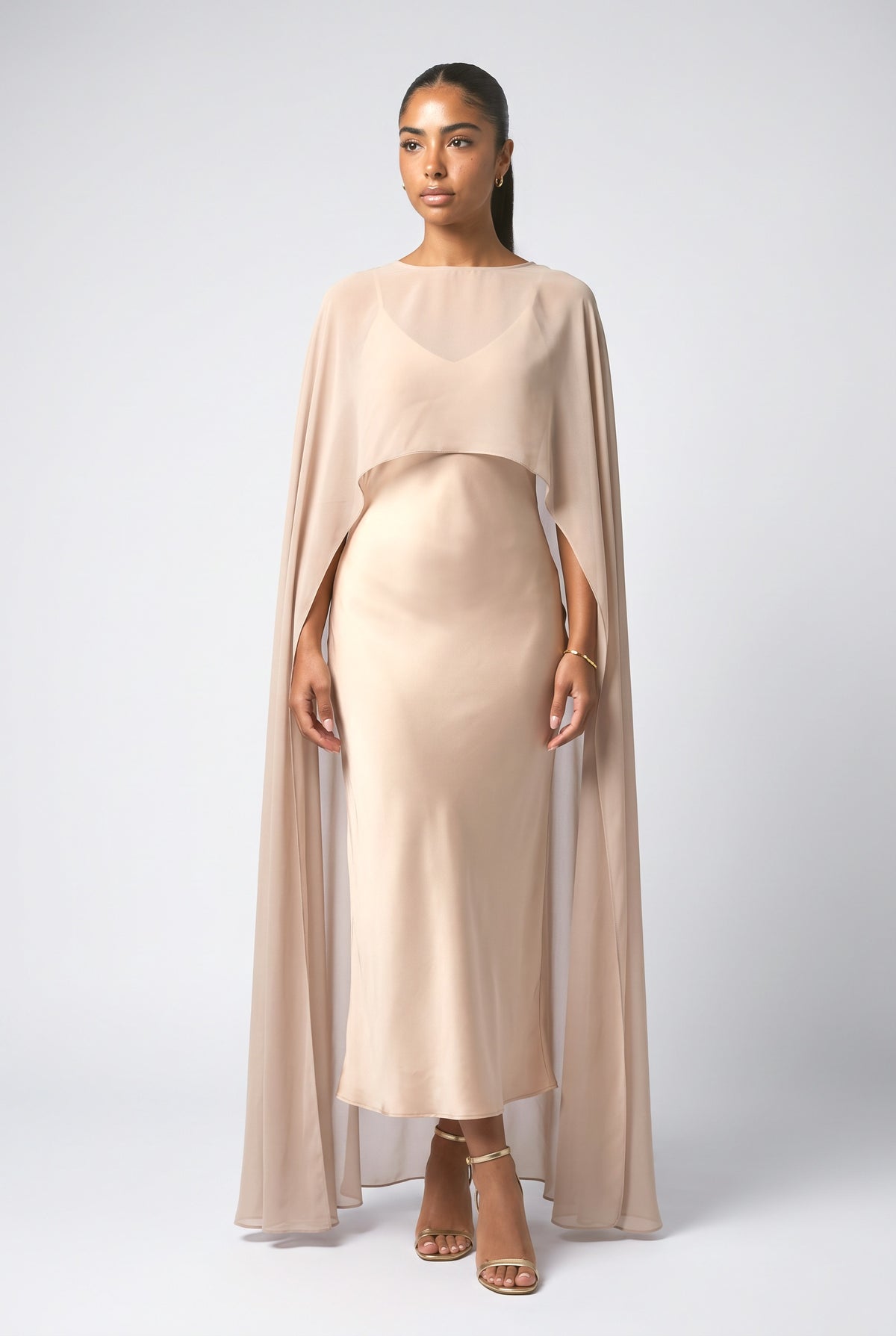 Satin and Sheer Chiffon Cape Maxi Dress, apricot