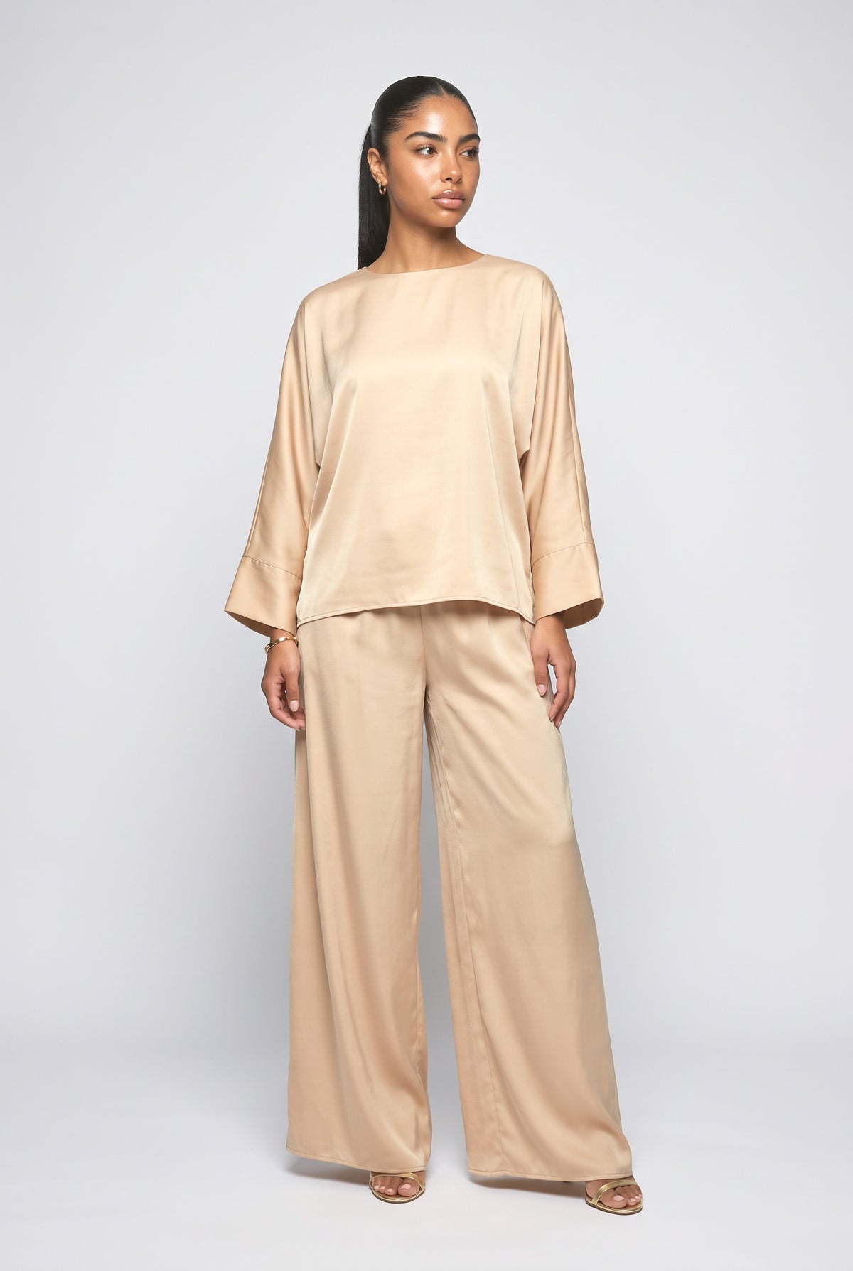 Satin Batwing Sleeve Top Two-Piece Set, apricot