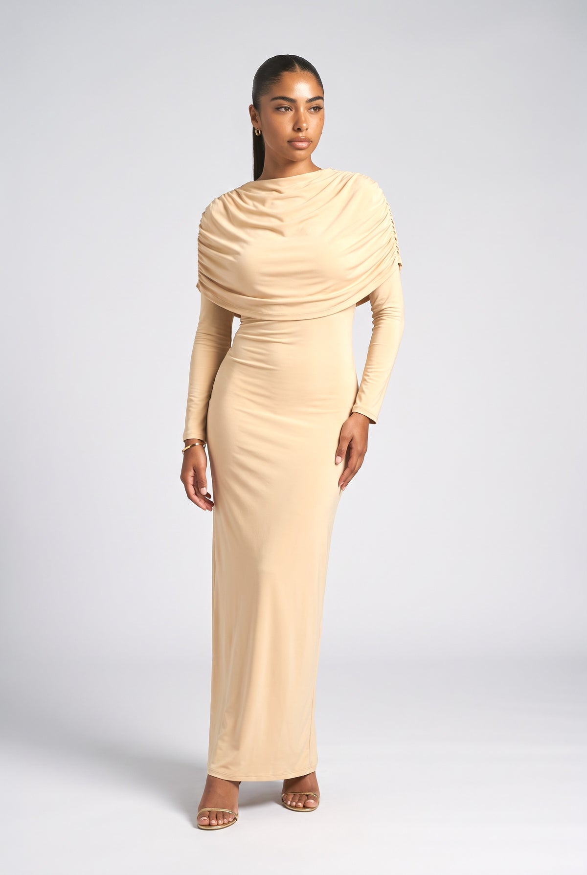 Pleated Ribbon Design Maxi Dress, apricot