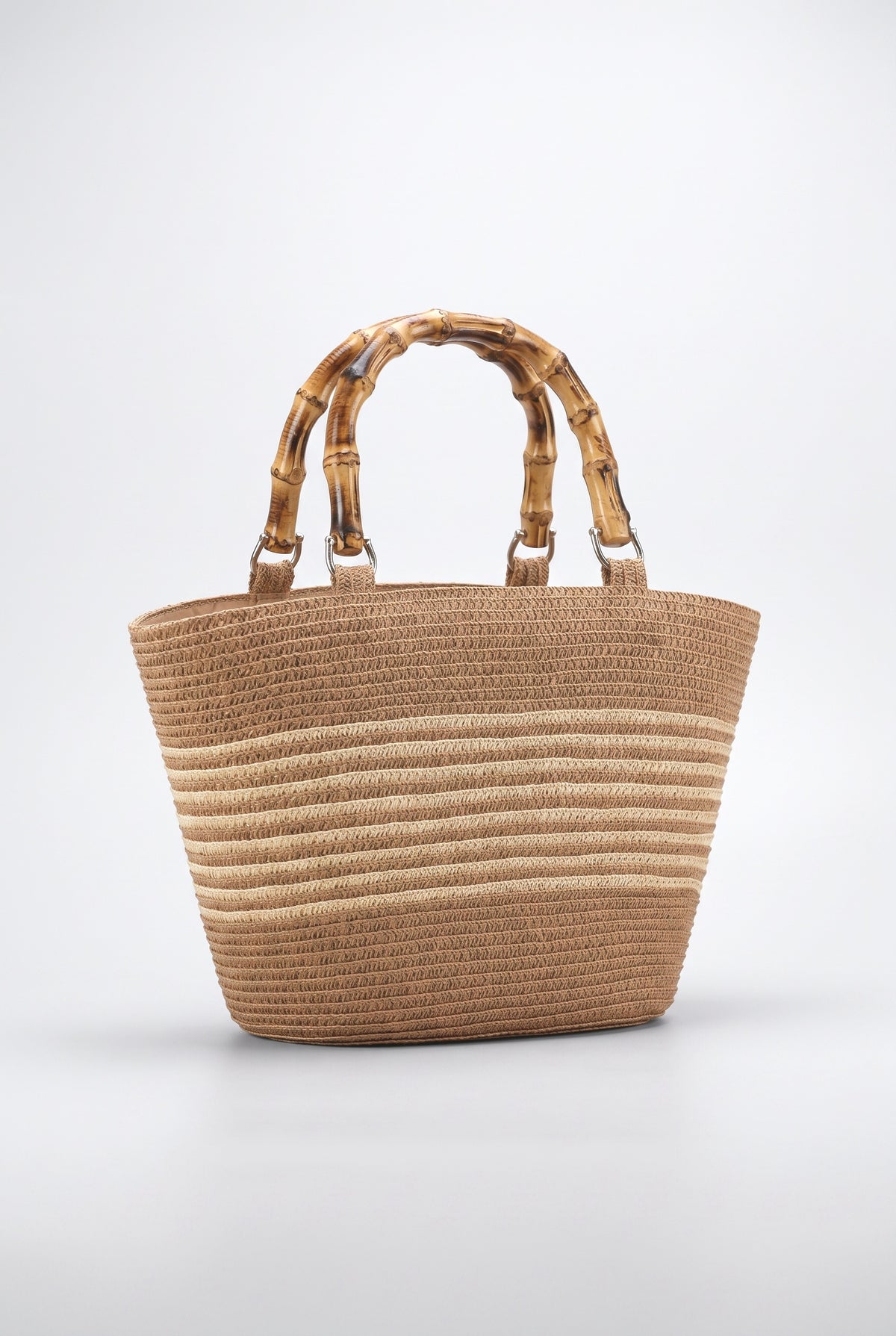 Bamboo Handle Striped Contrast Color Straw Handbag, beige stripes