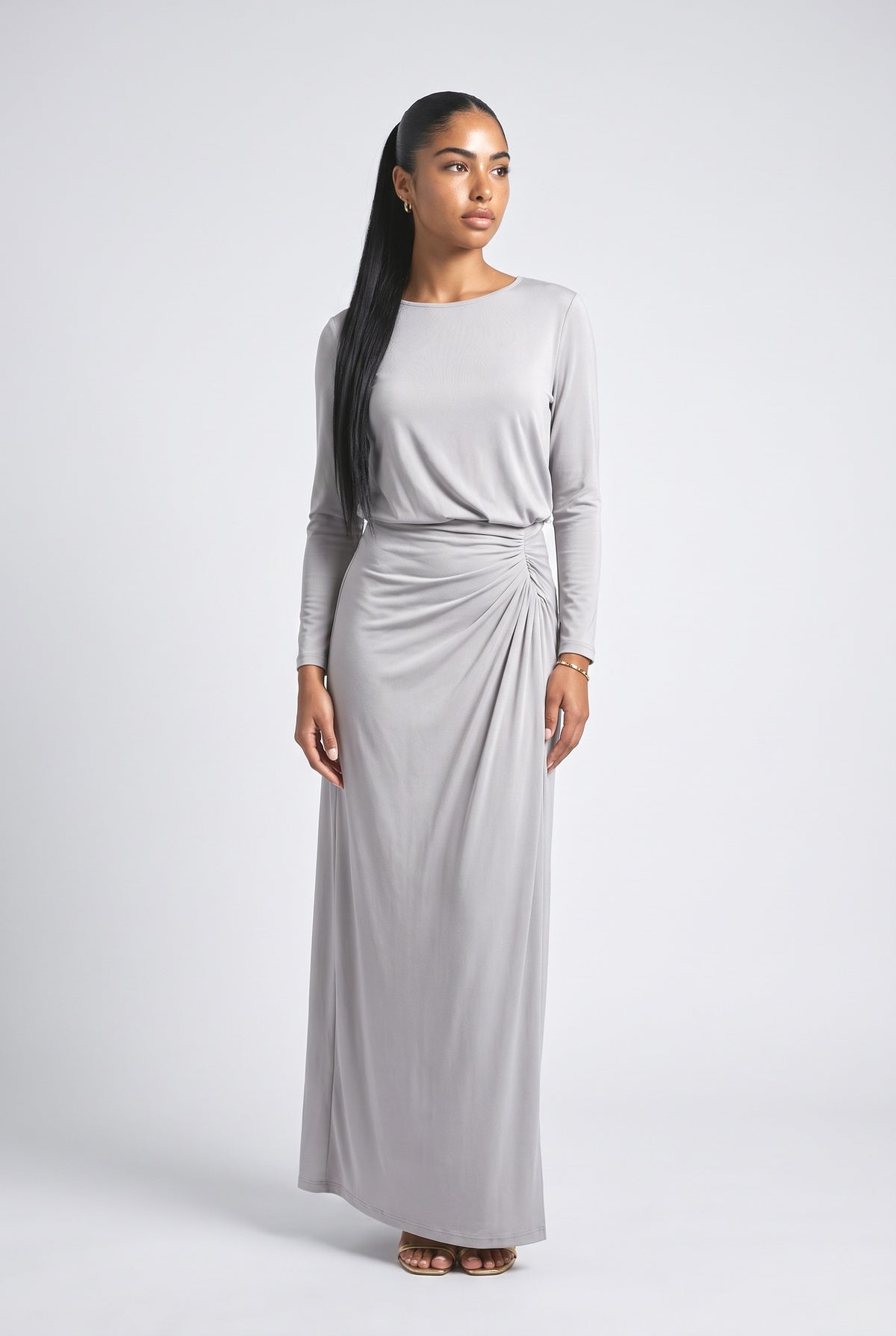 Beige Crew Neck Pleated Maxi Dress, beige