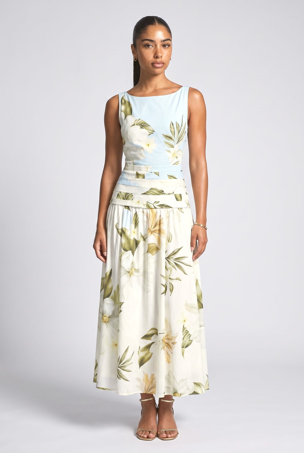 Print Sleeveless Maxi Dress, beige