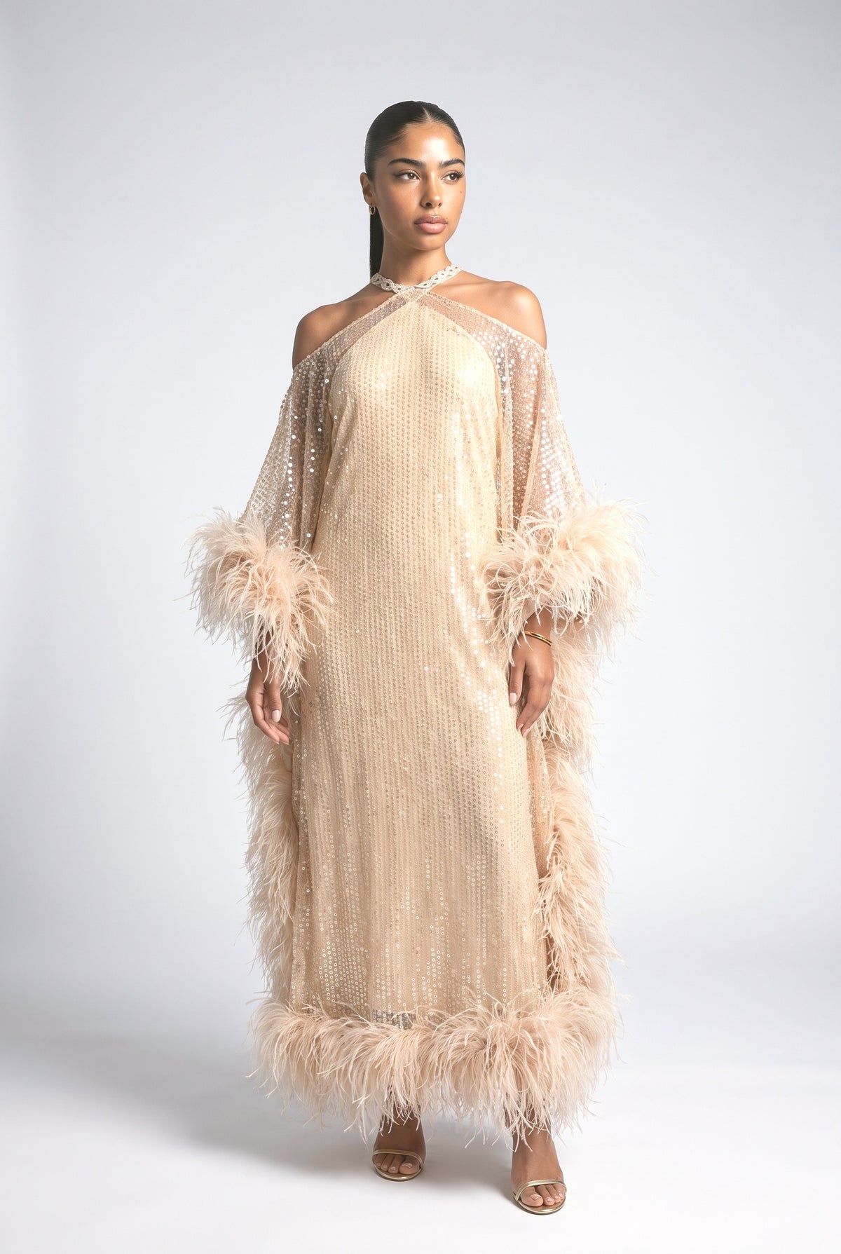 Beige Sequin Feather Trim Maxi Dress, beige