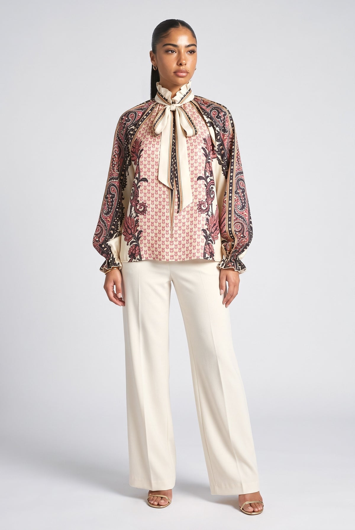 Beige Floral Satin Ruffle Top, beige