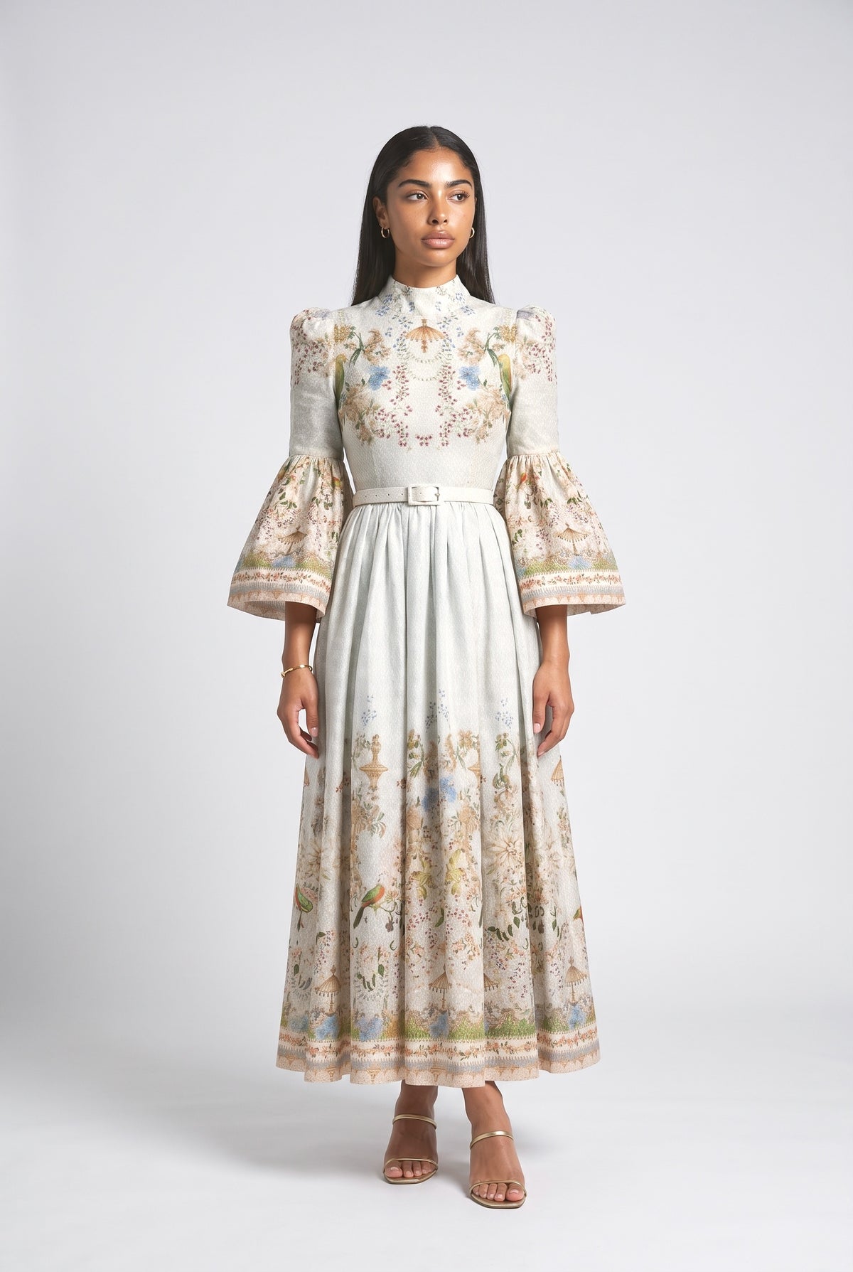 Garden Print Flared Sleeve Midi Dress, beige