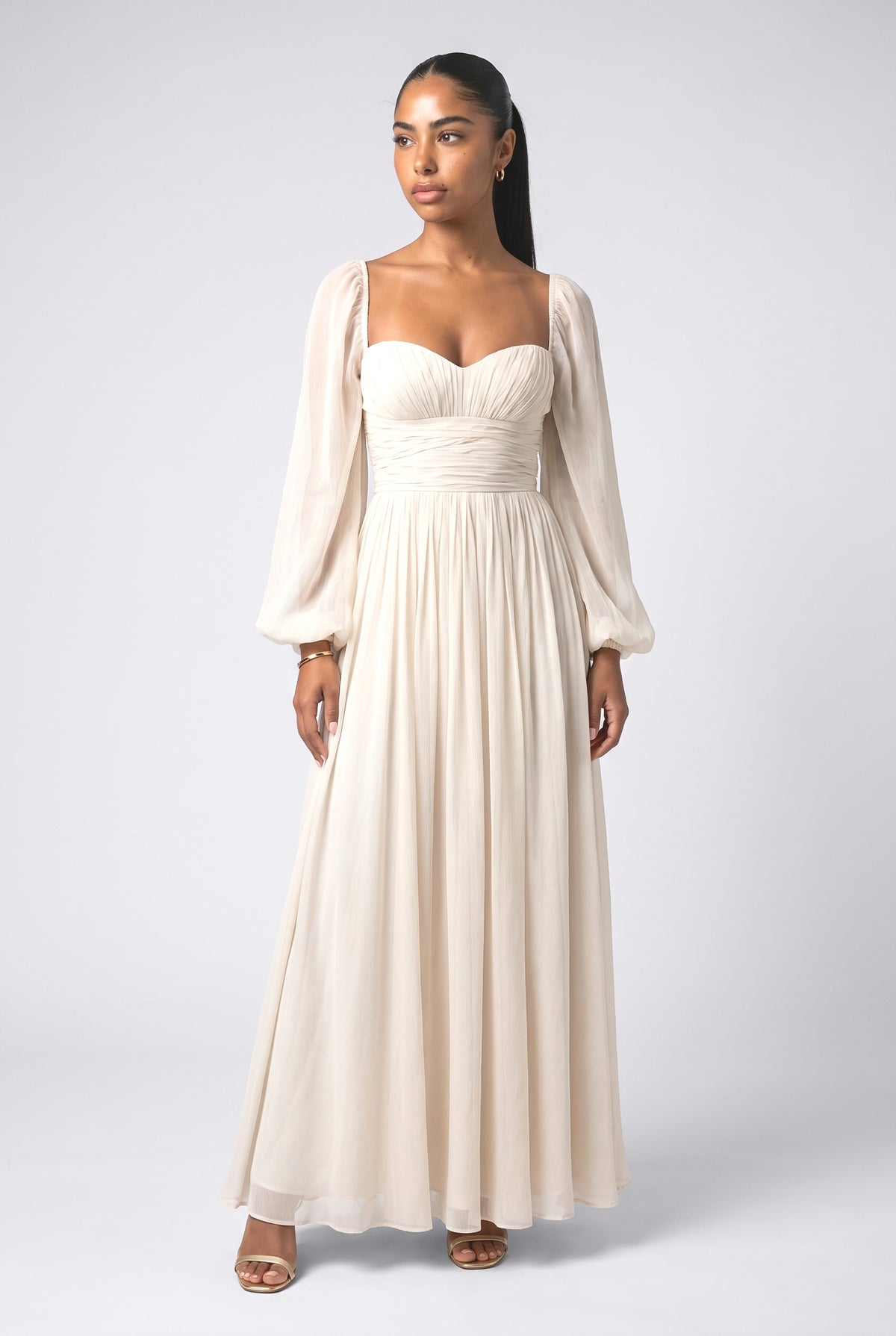 Beige Chiffon Puff Sleeve Pleated Maxi Dress, beige