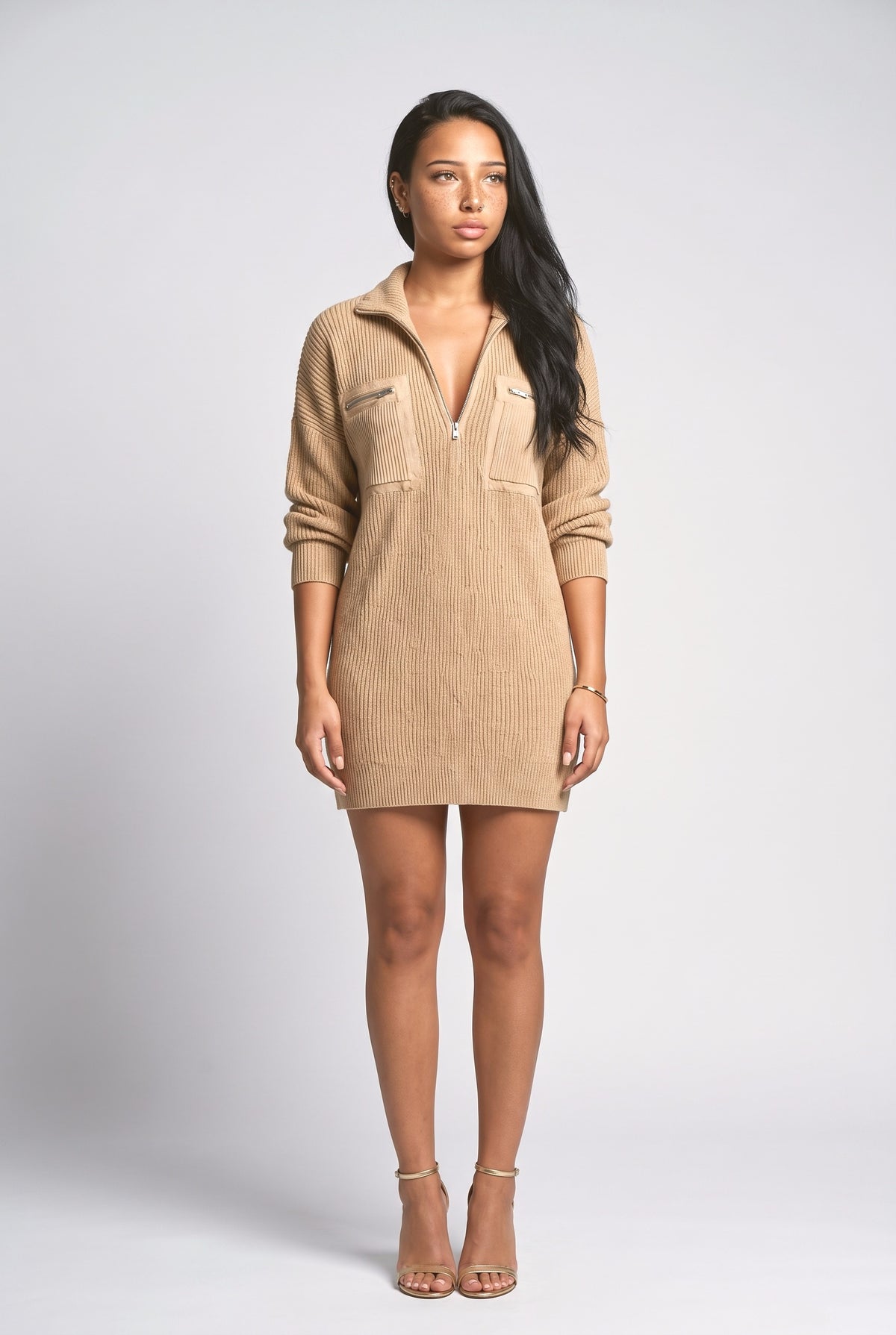 Beige Knit Mini Dress, beige
