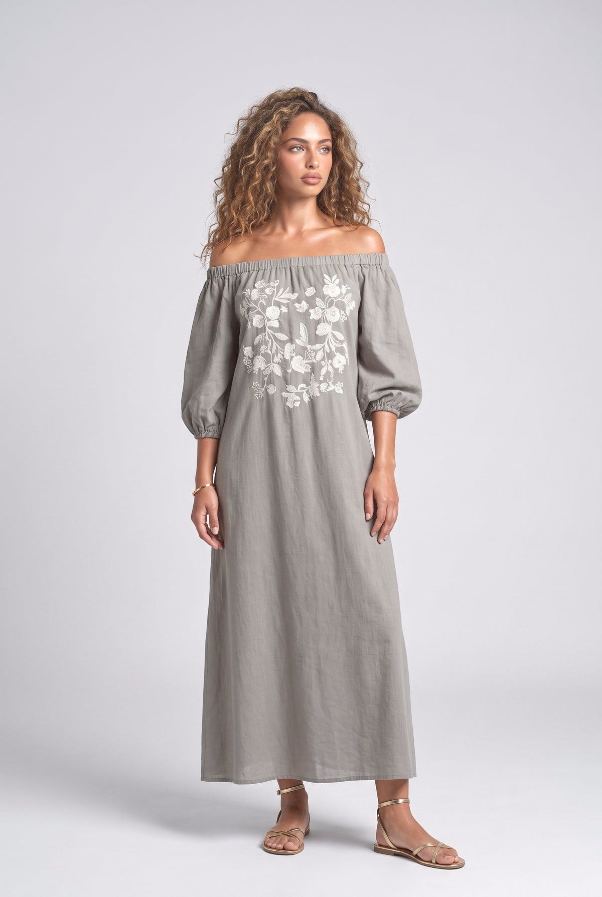 Bohemian Floral Embroidered Off-Shoulder Maxi Dress, beige