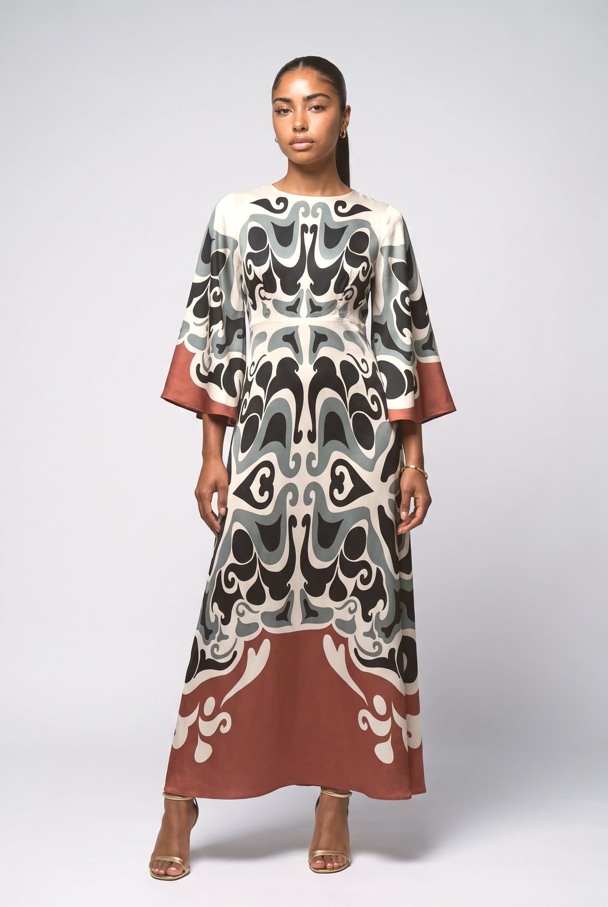Black Floral Bell Sleeve Maxi Dress, black red
