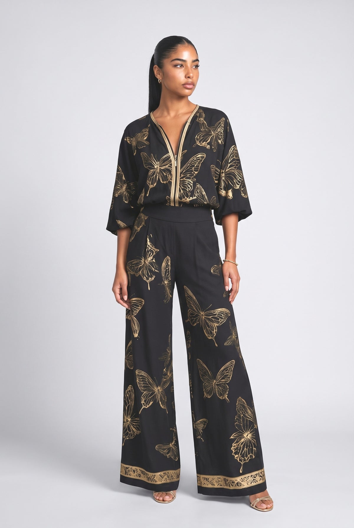 Butterfly Print Zip-Up Top & Wide Leg Pants Set, black set