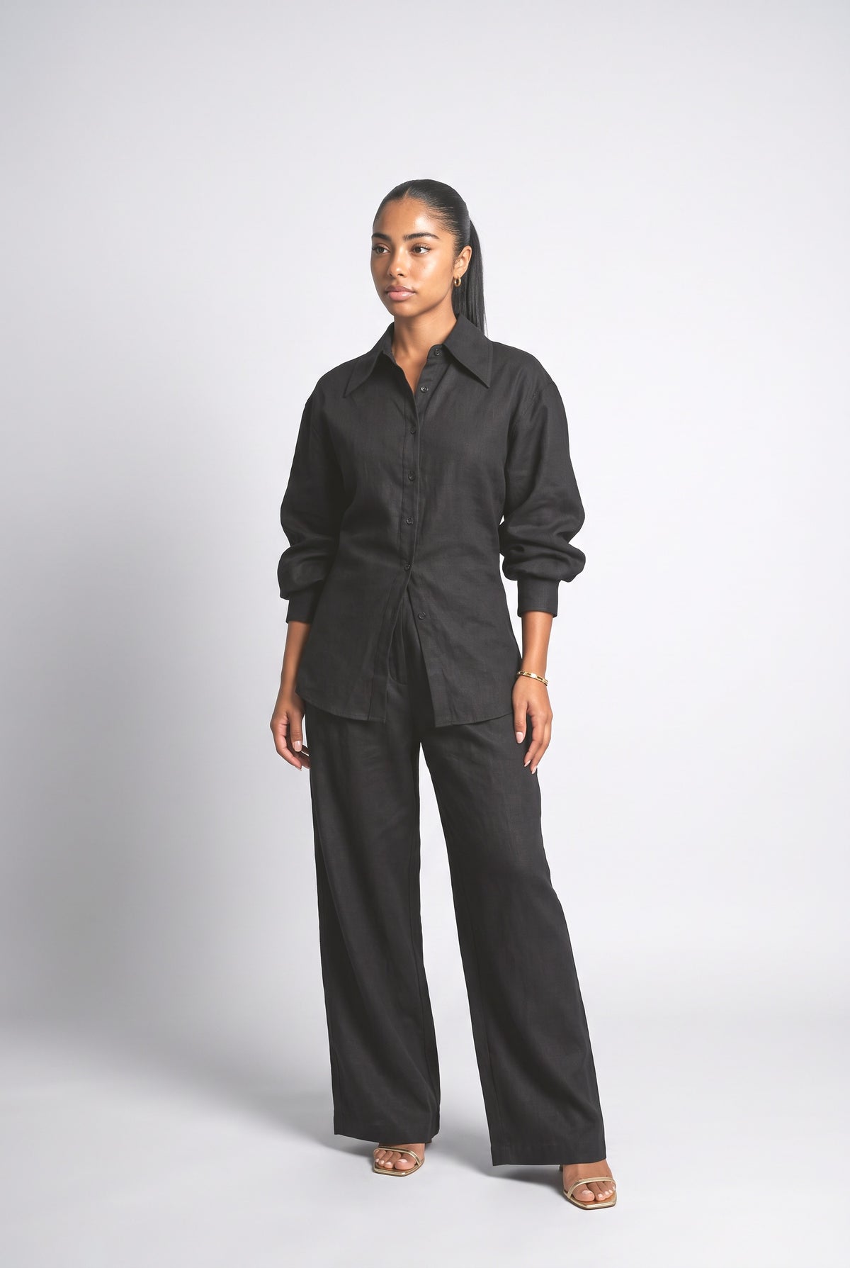 Shirt & Wide Leg Pants Two-Piece Set, black set