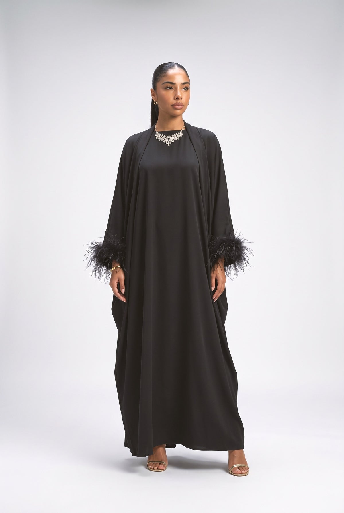 Black Feather Trim Outfit Set, black set