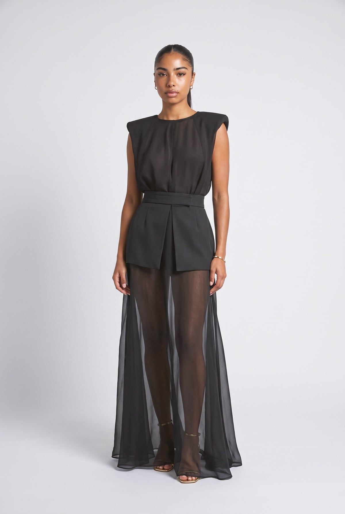 Belt Perspective Skirt Maxi Dress, black