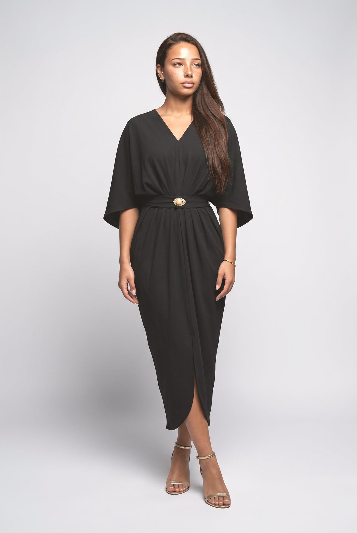 Black V-Neck Batwing Sleeve Midi Dress, black