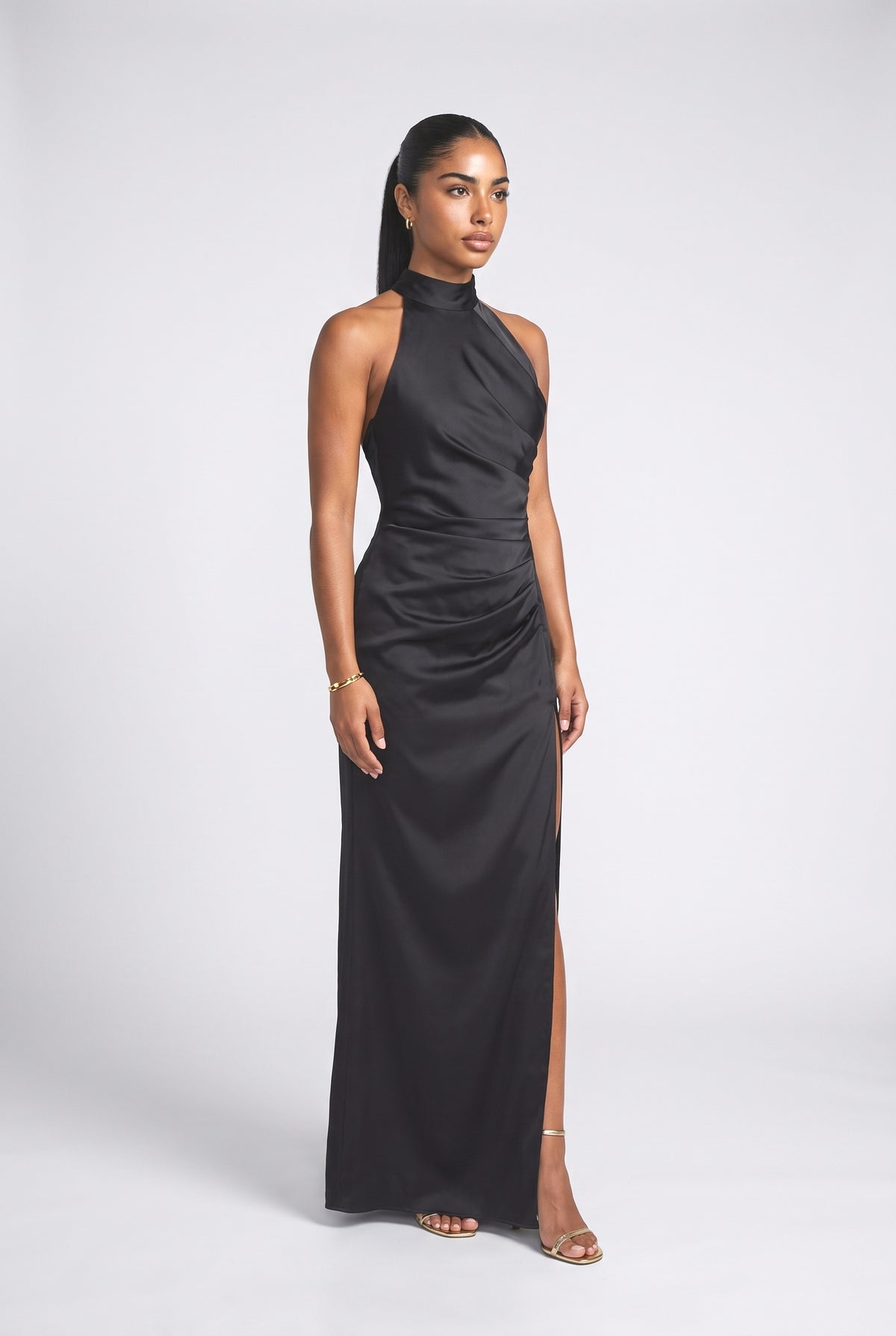 Satin Halter Neck Ruched Maxi Dress, black