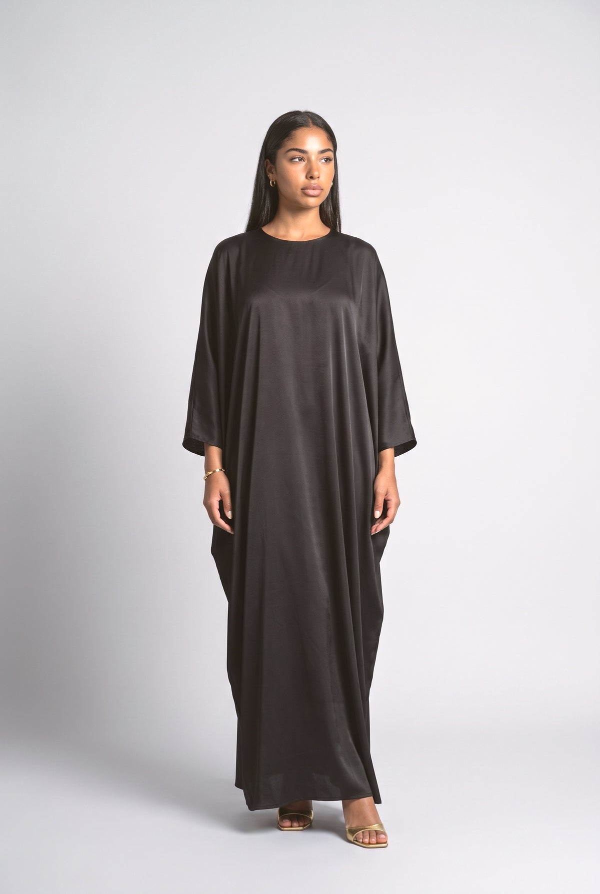 Shimmer Satin Batwing Sleeve Kaftan Maxi Dress, black