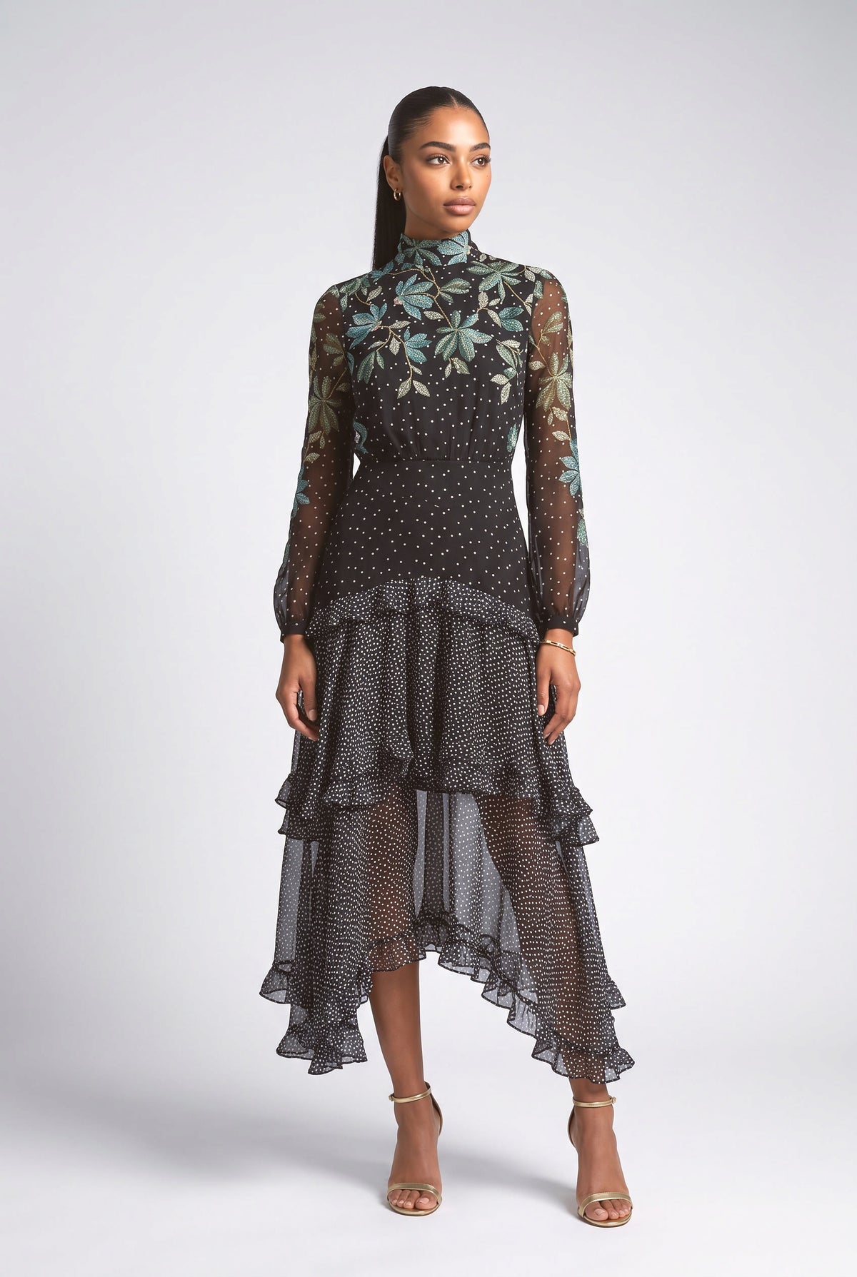 Black Floral Ruffle Midi Dress, black