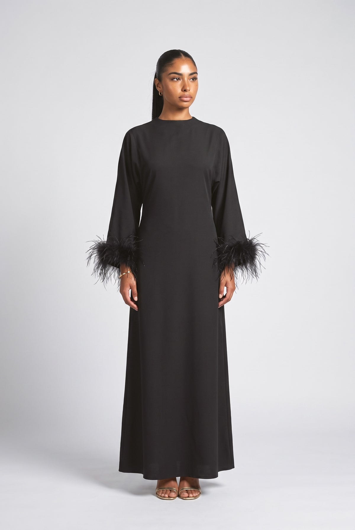 Black Batwing Sleeve Feather Trim Maxi Dress, black