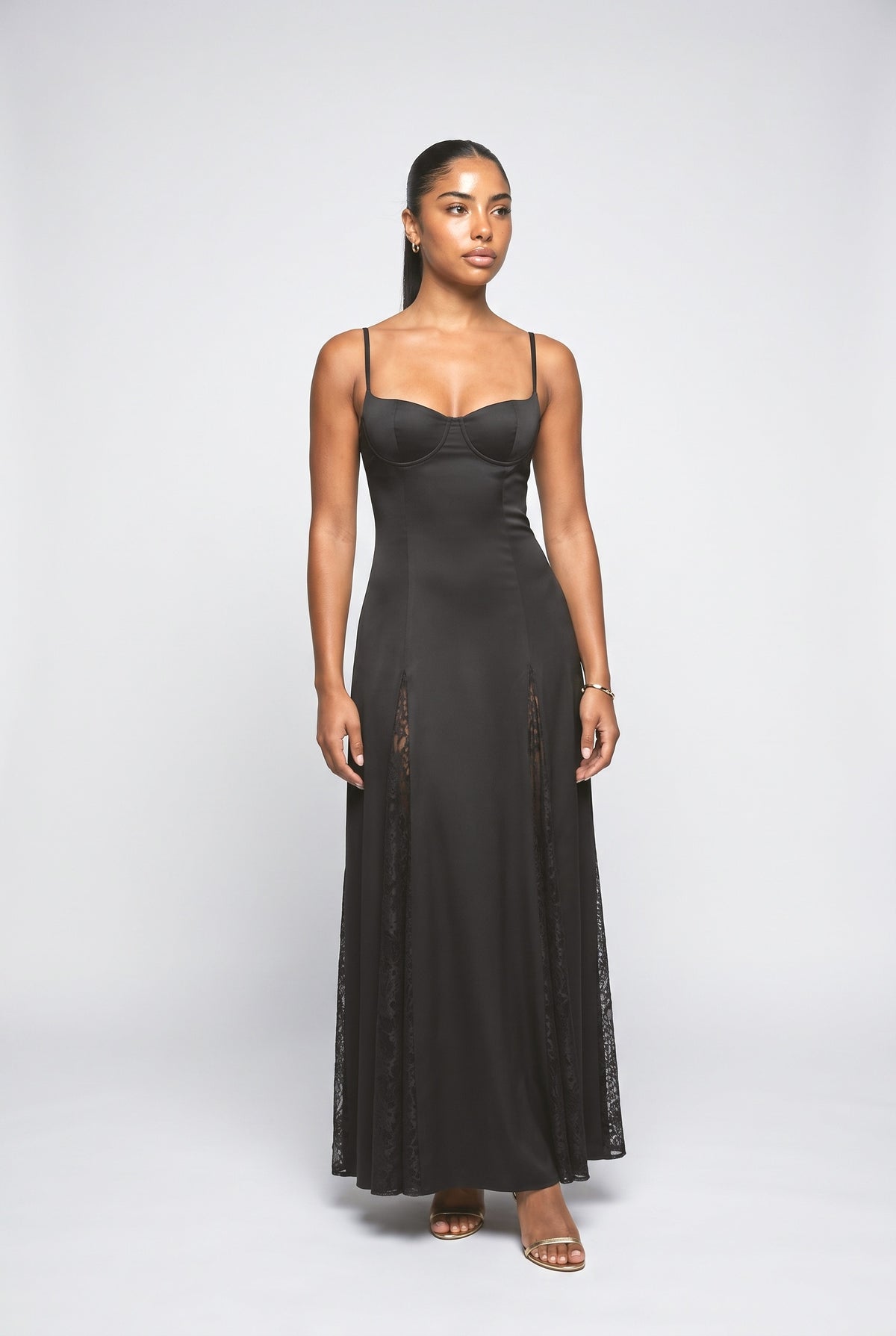 Satin Strappy Maxi Dress, black