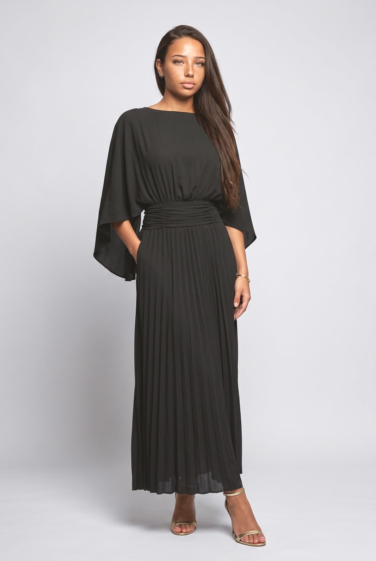 Backless Pleated Maxi Dress, black