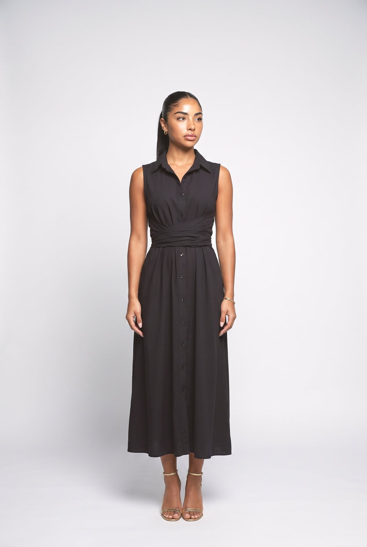 Shirt Style Single-breasted Tie Midi Dress, black