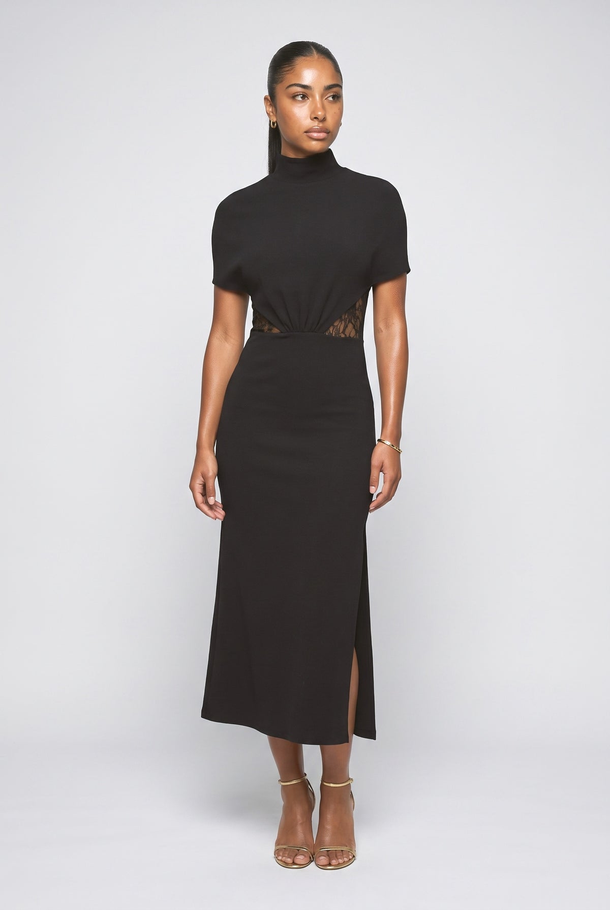 Black Lace High Neck Maxi Dress, black