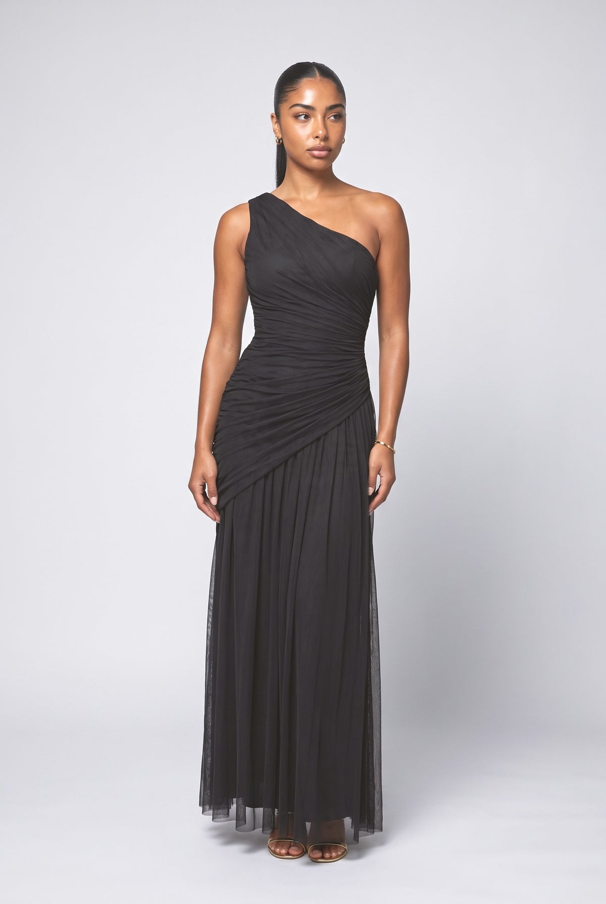 Tulle One-Shoulder Ruched Maxi Dress, black