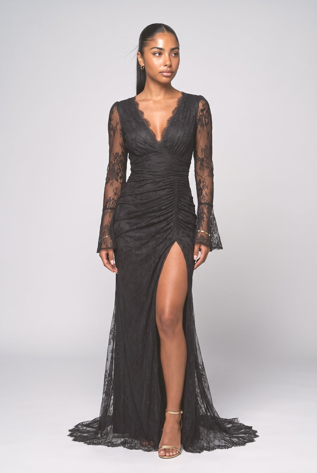 Sheer Tulle Lace High Slit Maxi Dress, black