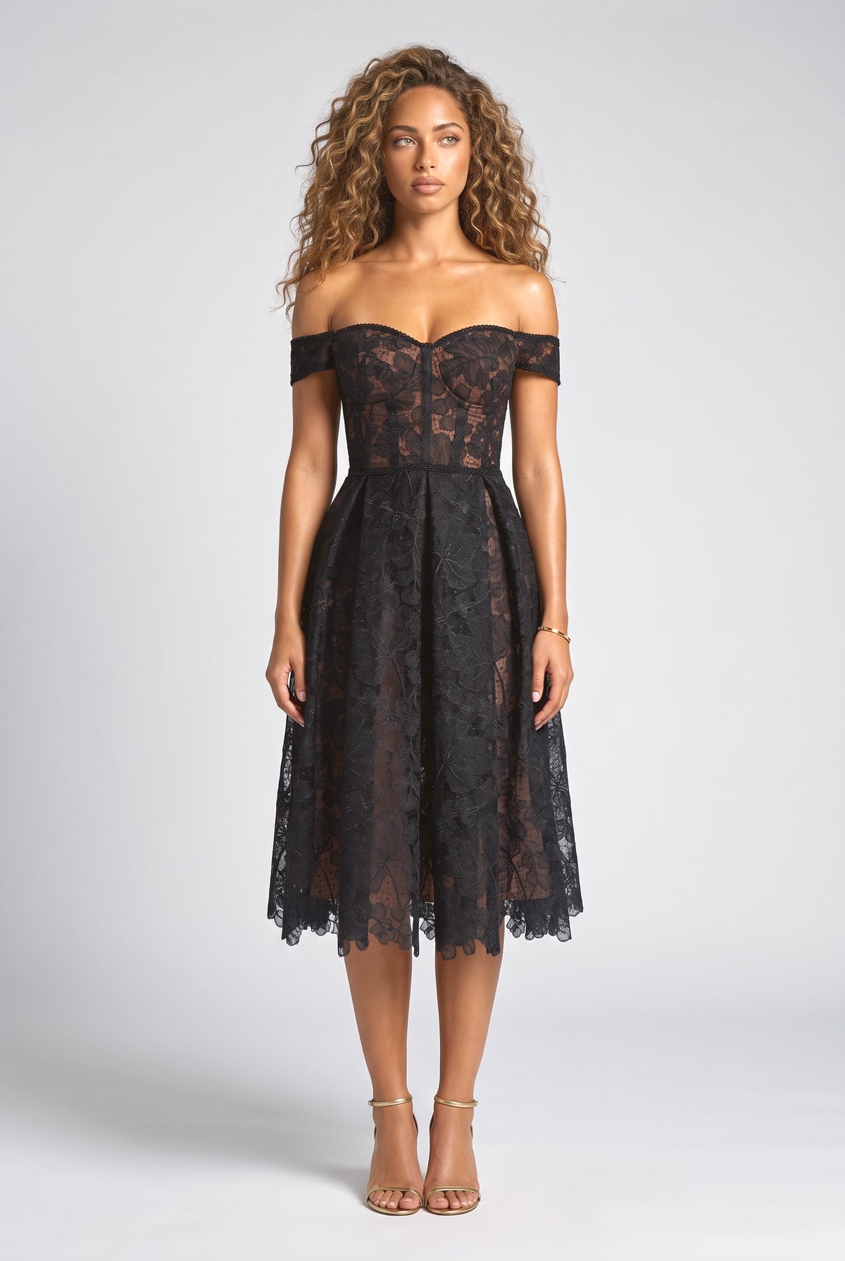 Black Lace Off-Shoulder Cutout Midi Dress, black