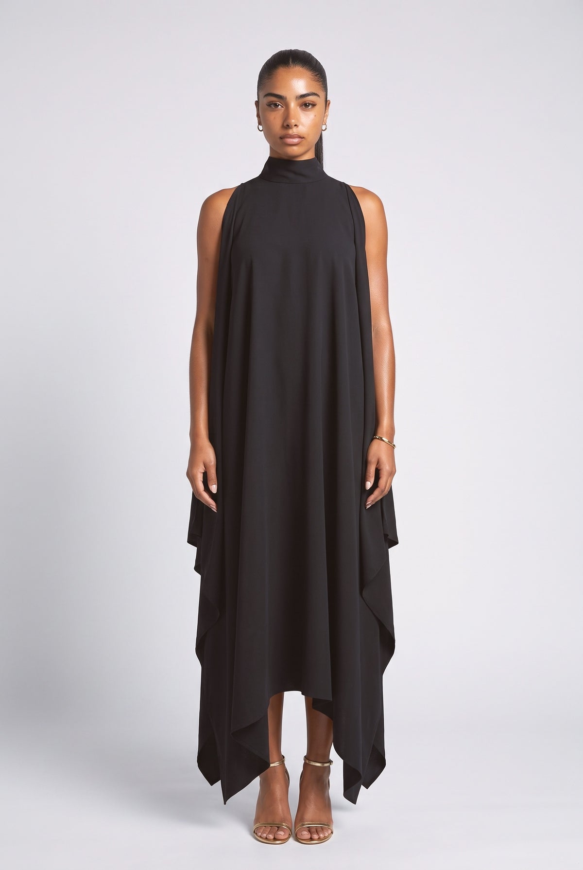 Black High Neck Sleeveless Draped Midi Dress, black