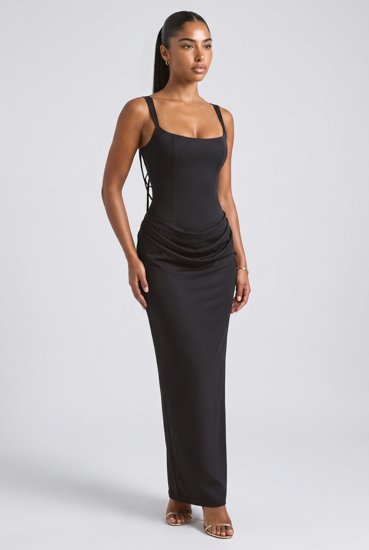 Sling Slim Fit Pleated Maxi Dress, black