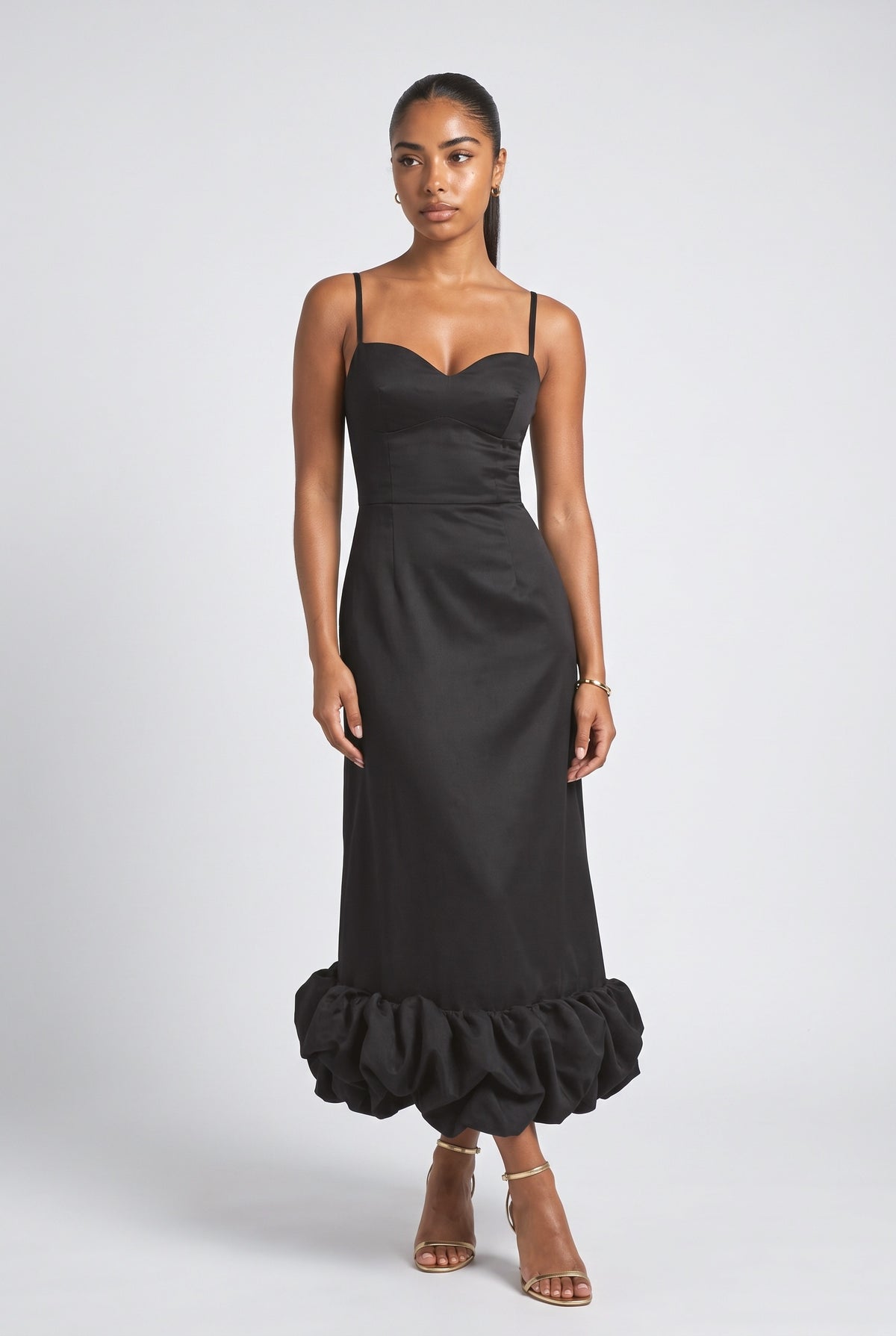 Satin Sweetheart Ruffle Maxi Dress, black