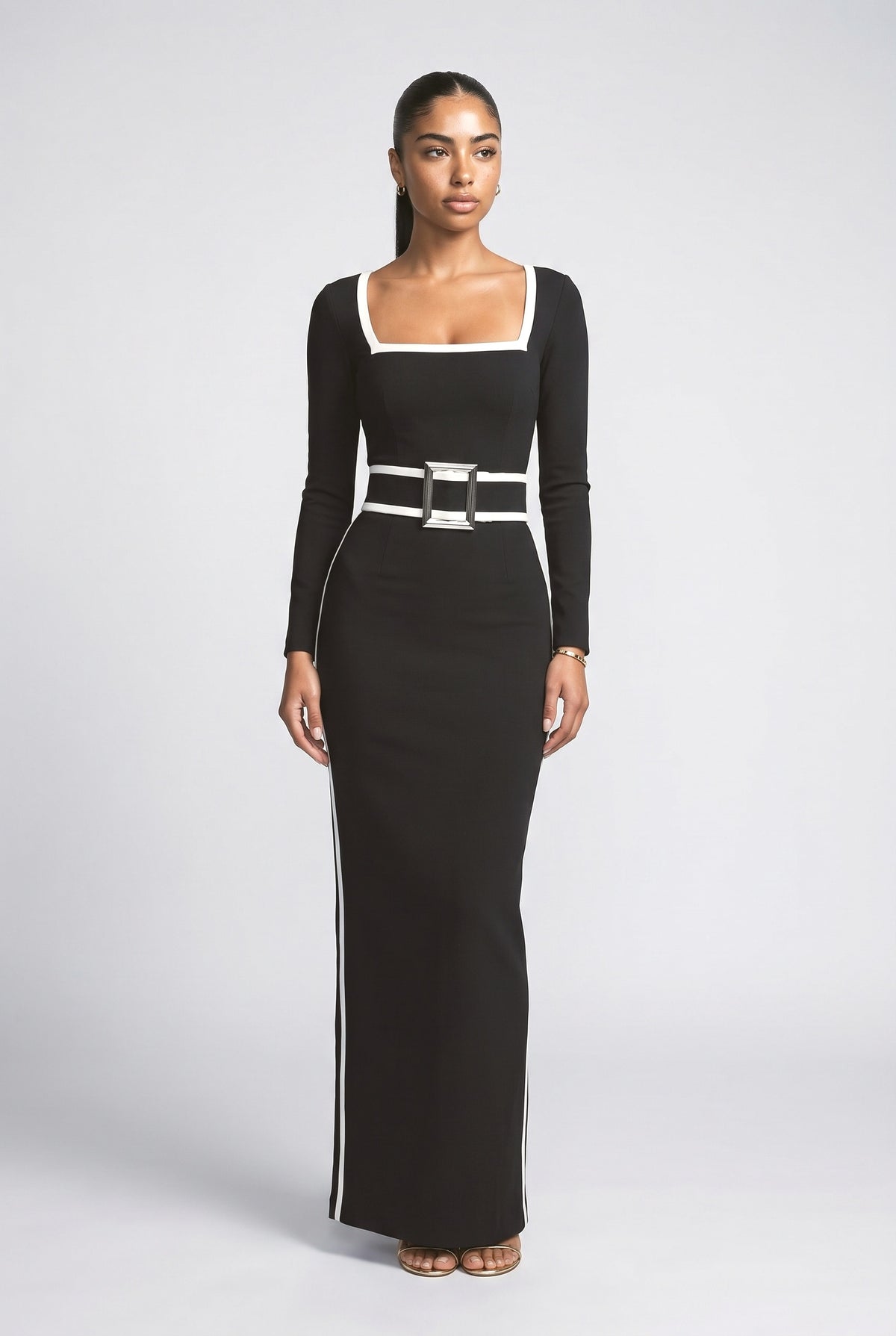 Black Square Neck Long Sleeve Maxi Dress, black