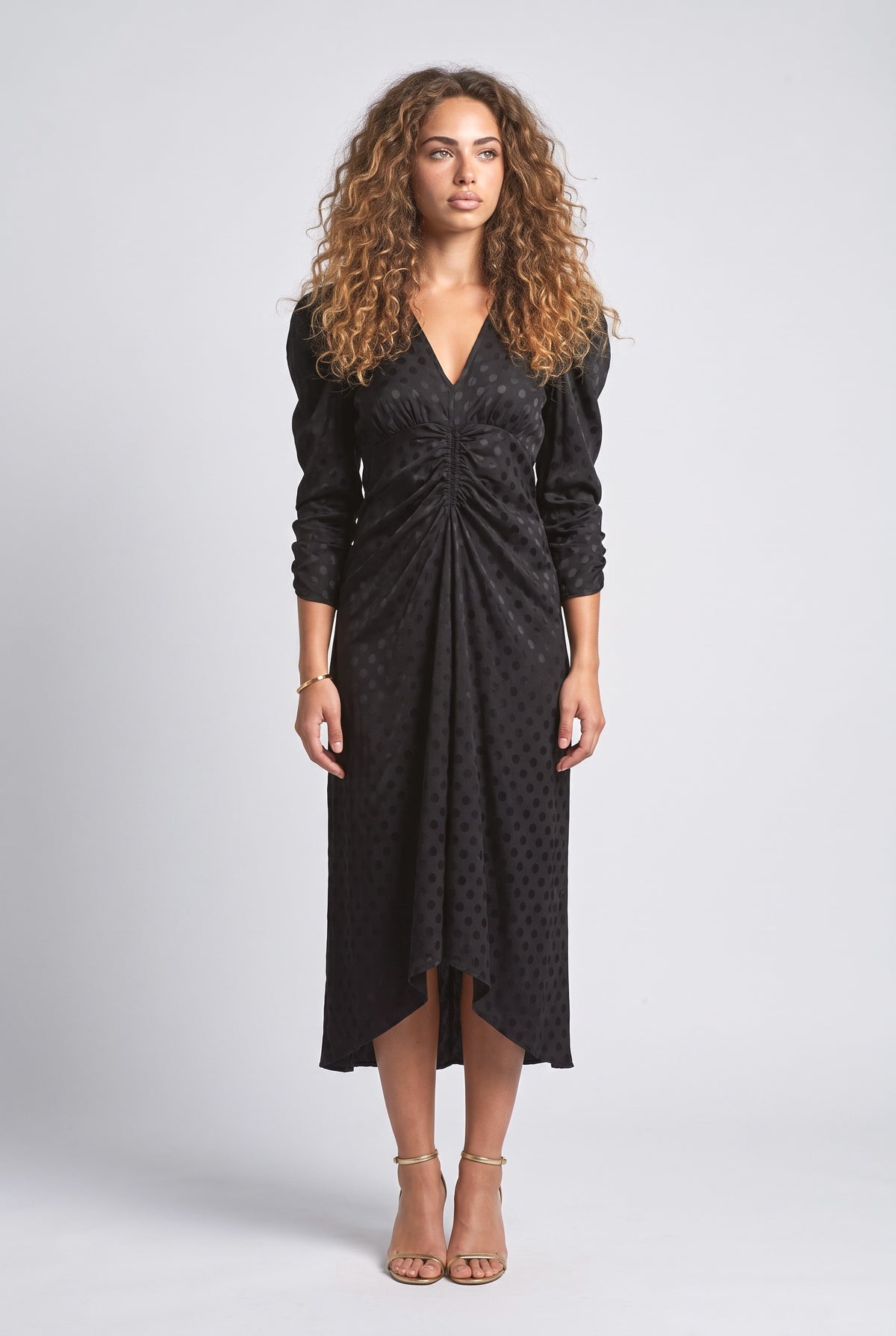 Black Polka Dot Satin Ruched Midi Dress, black