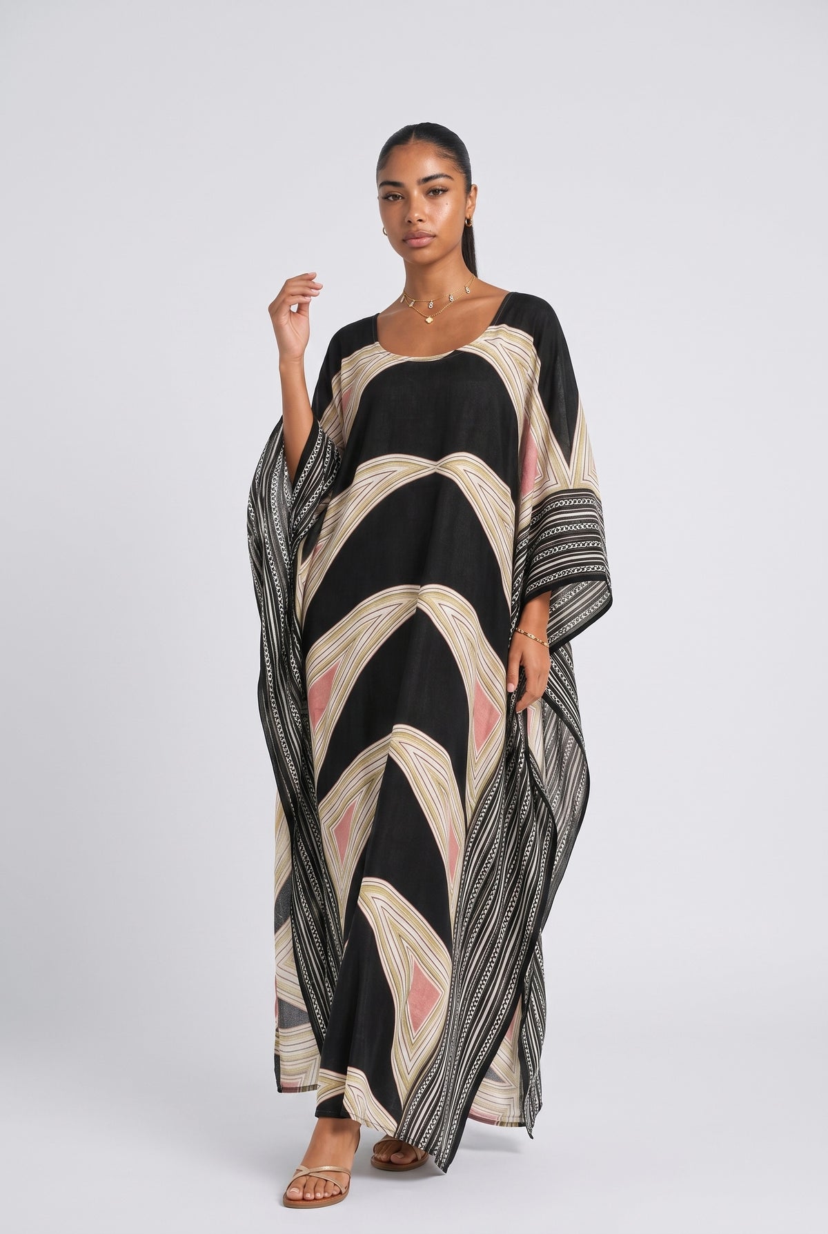Puzzle Print Kimono Beach Maxi Dress, black