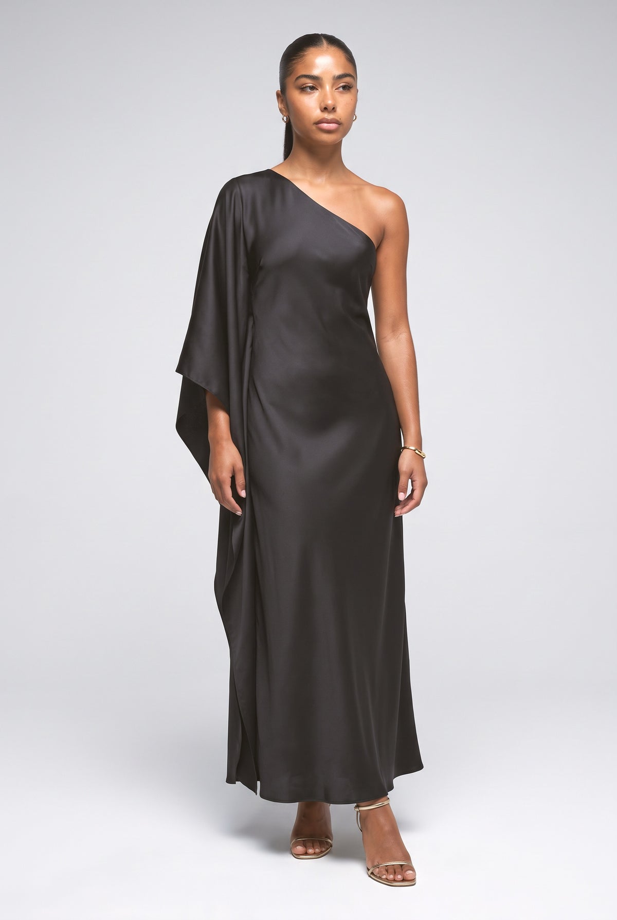 Satin One-Shoulder Maxi Dress, black