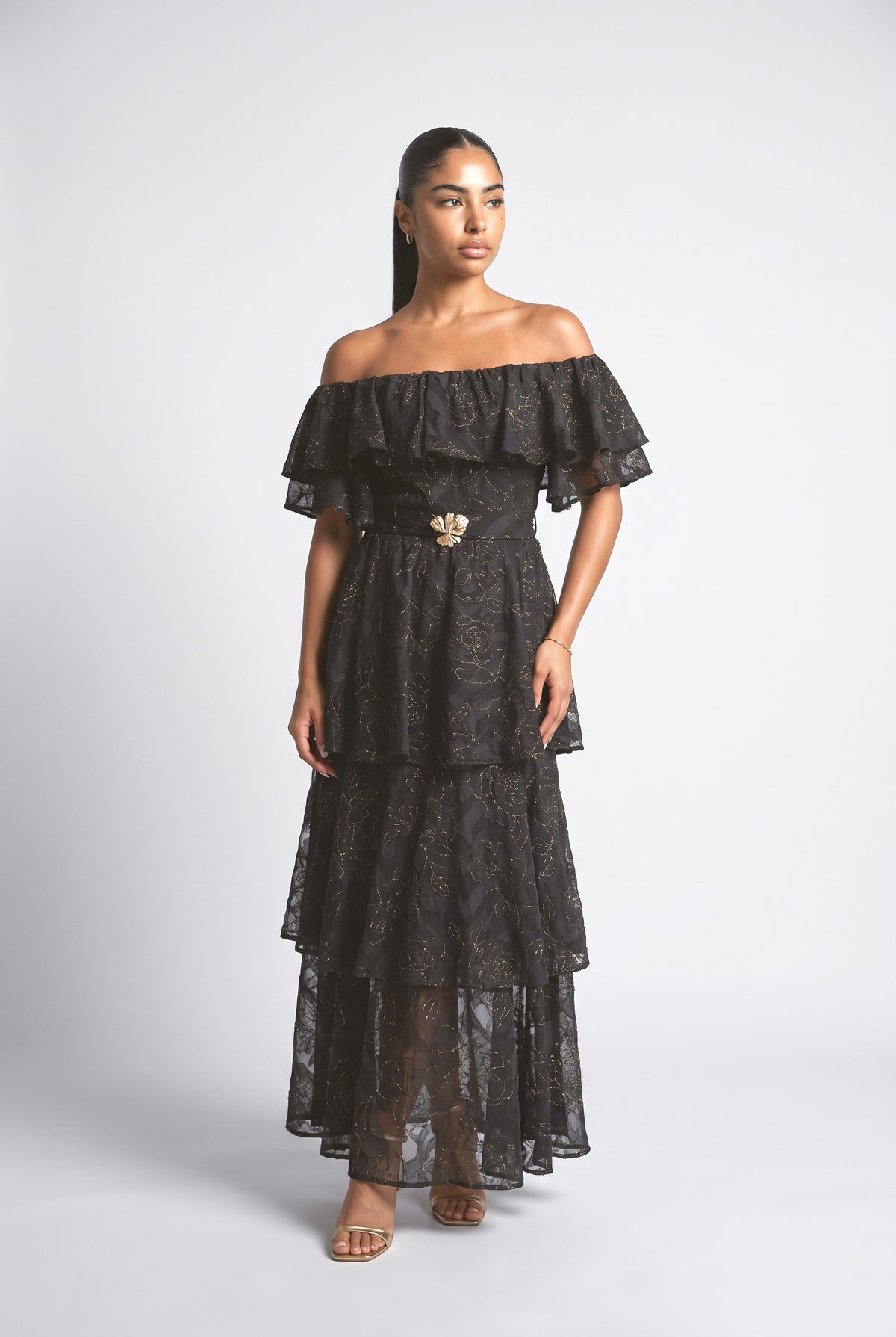 Floral Lace Off-Shoulder Tiered Maxi Dress, black