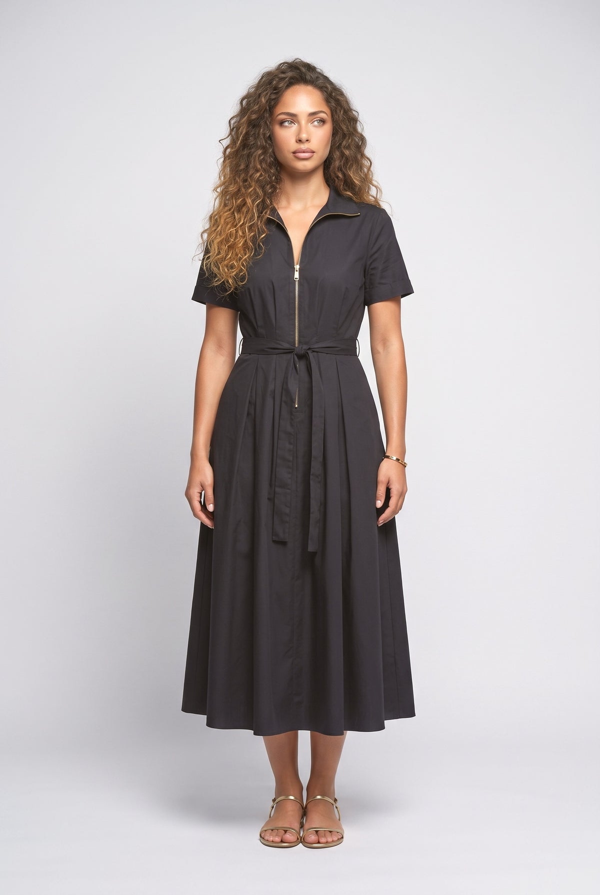 Black Short Sleeve Midi Dress, black